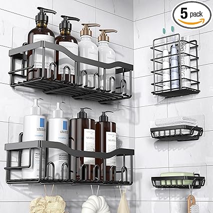 EUDELE Adhesive Shower Caddy, 5 Pack Rustproof Stainless Steel Bath Organizers With Large Capacity, No Drilling Shelves for Bathroom Storage & Home Decor-XL Size
