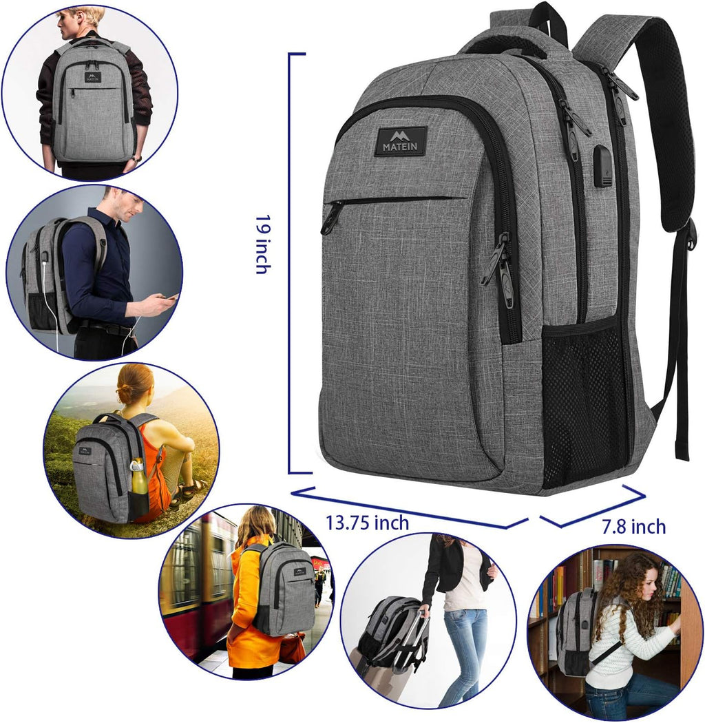 MATEIN Travel Laptop Backpack, Business Anti Theft Slim Sturdy Laptops Backpack with USB Charging Port, Water Resistant College School Computer Bag Gift for Men & Women Fits 15.6 Inch Notebook, Grey