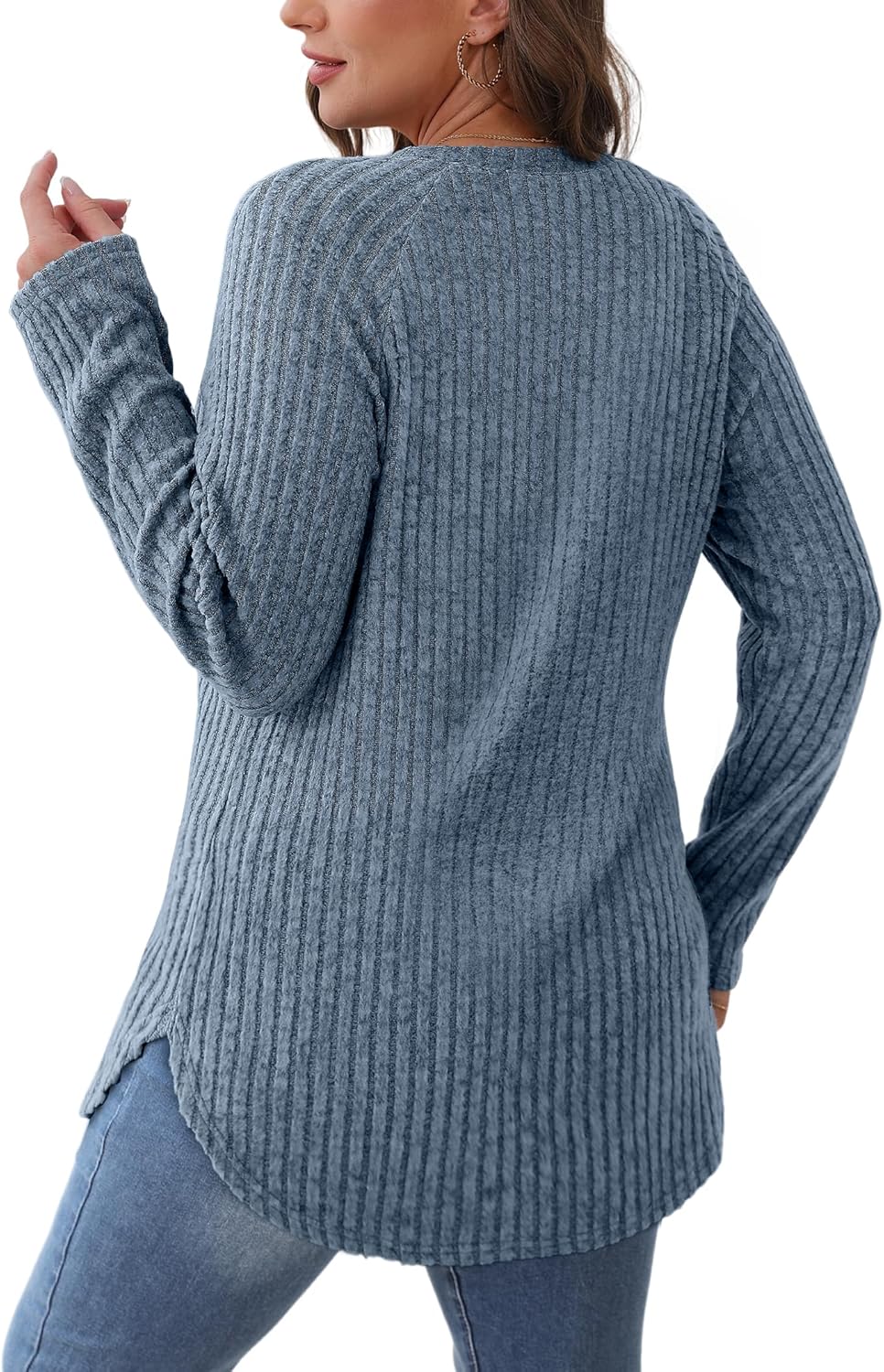 Saloogoe Long Sleeve Shirts for Women 2025 Fall Clothes Tunic Tops Loose Fit Dressy Crewneck Pullover Sweaters Curved Hem