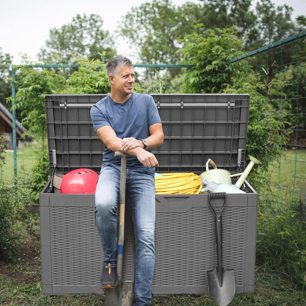 Greesum 31 Gallon Resin Deck Box Large Outdoor Storage for Patio Furniture, Garden Tools, Pool Supplies, Weatherproof and UV Resistant, Lockable, Dark Black