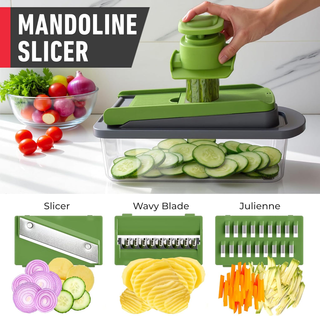 Mueller Pro-Series All-in-One, 12 Blade Mandoline Slicer for Kitchen, Food Chopper, Vegetable Slicer and Spiralizer, Cutter, Dicer, Grater, Kitchen Gadgets Sets with Container, White Sand/Gray