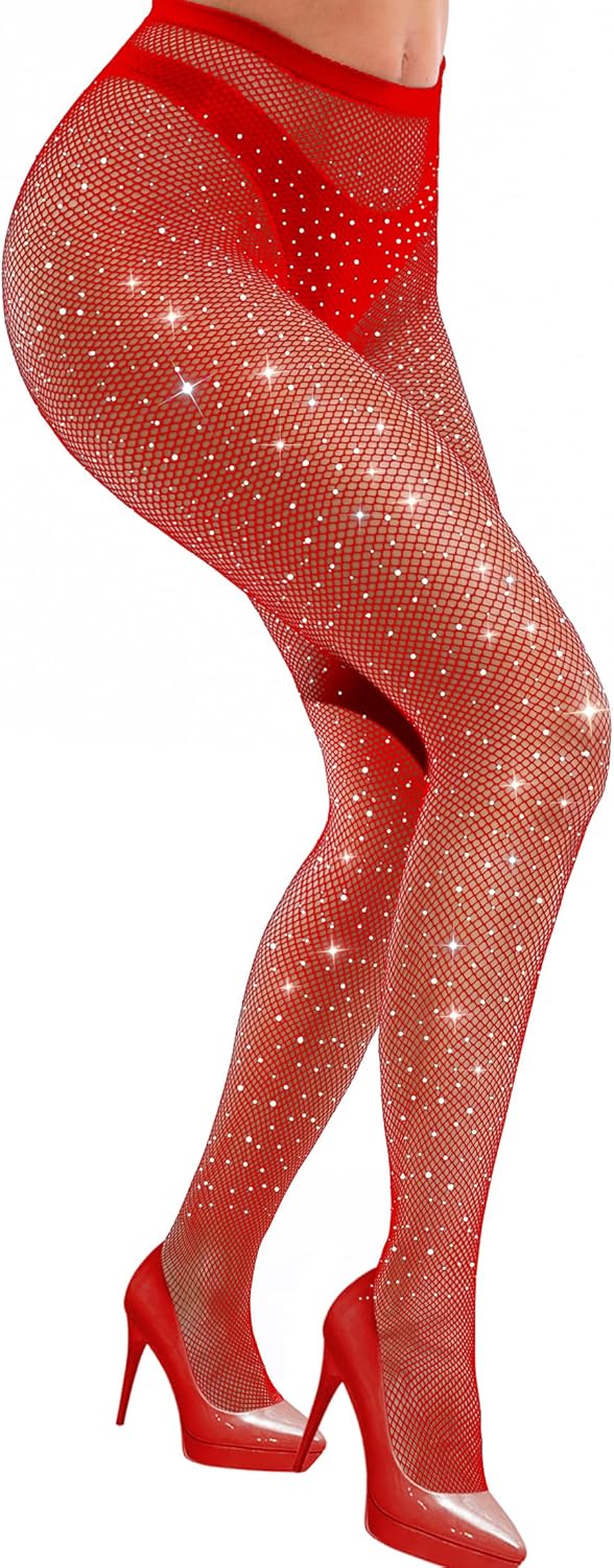 VEBZIN Sexy Sparkly Fishnets Stockings Jeweled High Waist Fishnet Tights for Women Rhinestone Party Pantyhose