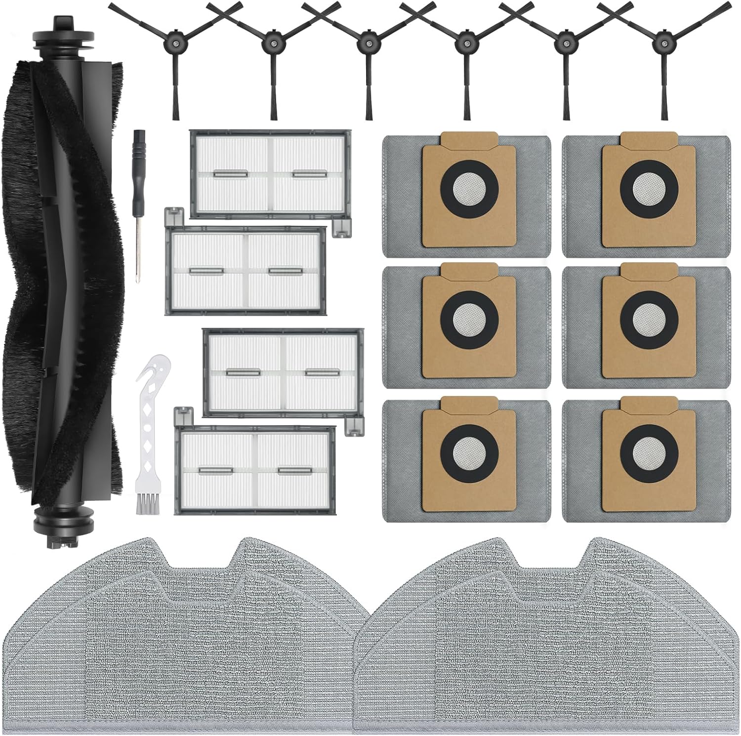 23 Pack C20 Omni Replacement Parts Accessories for Eufy C20 Omni Robot Vacuums kit, 1 Roller Brush, 4 HEPA Filters, 4 Mop Pads, 6 Side Brushes, 6 Dust Bags, 1 Clean Tool, 1 Screwdriver