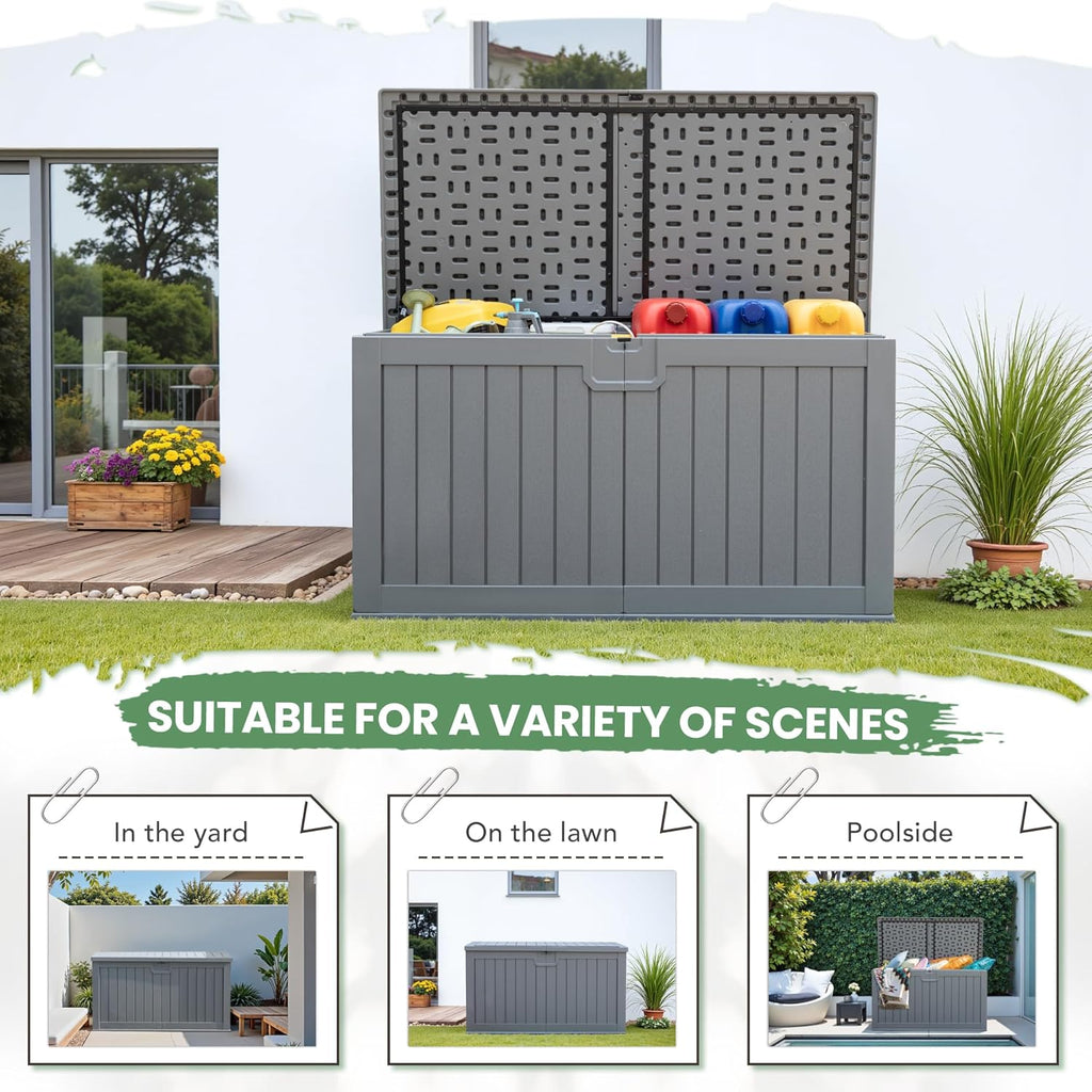 Greesum 31 Gallon Resin Deck Box Large Outdoor Storage for Patio Furniture, Garden Tools, Pool Supplies, Weatherproof and UV Resistant, Lockable, Dark Black