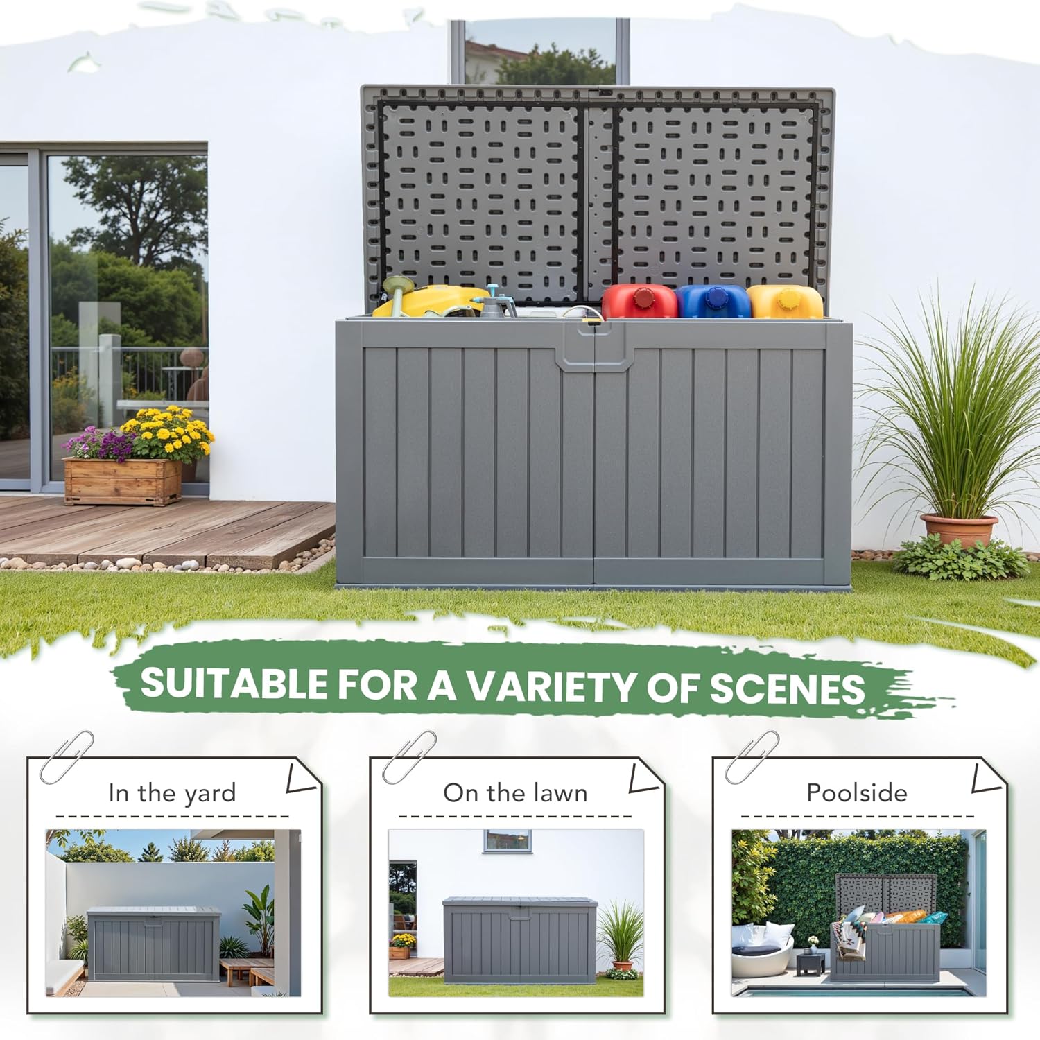 Greesum 31 Gallon Resin Deck Box Large Outdoor Storage for Patio Furniture, Garden Tools, Pool Supplies, Weatherproof and UV Resistant, Lockable, Dark Black