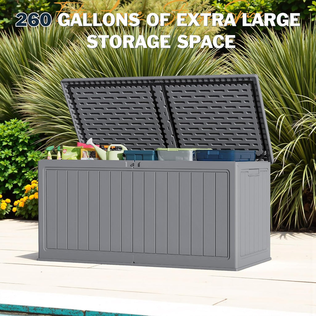 Greesum 31 Gallon Resin Deck Box Large Outdoor Storage for Patio Furniture, Garden Tools, Pool Supplies, Weatherproof and UV Resistant, Lockable, Dark Black