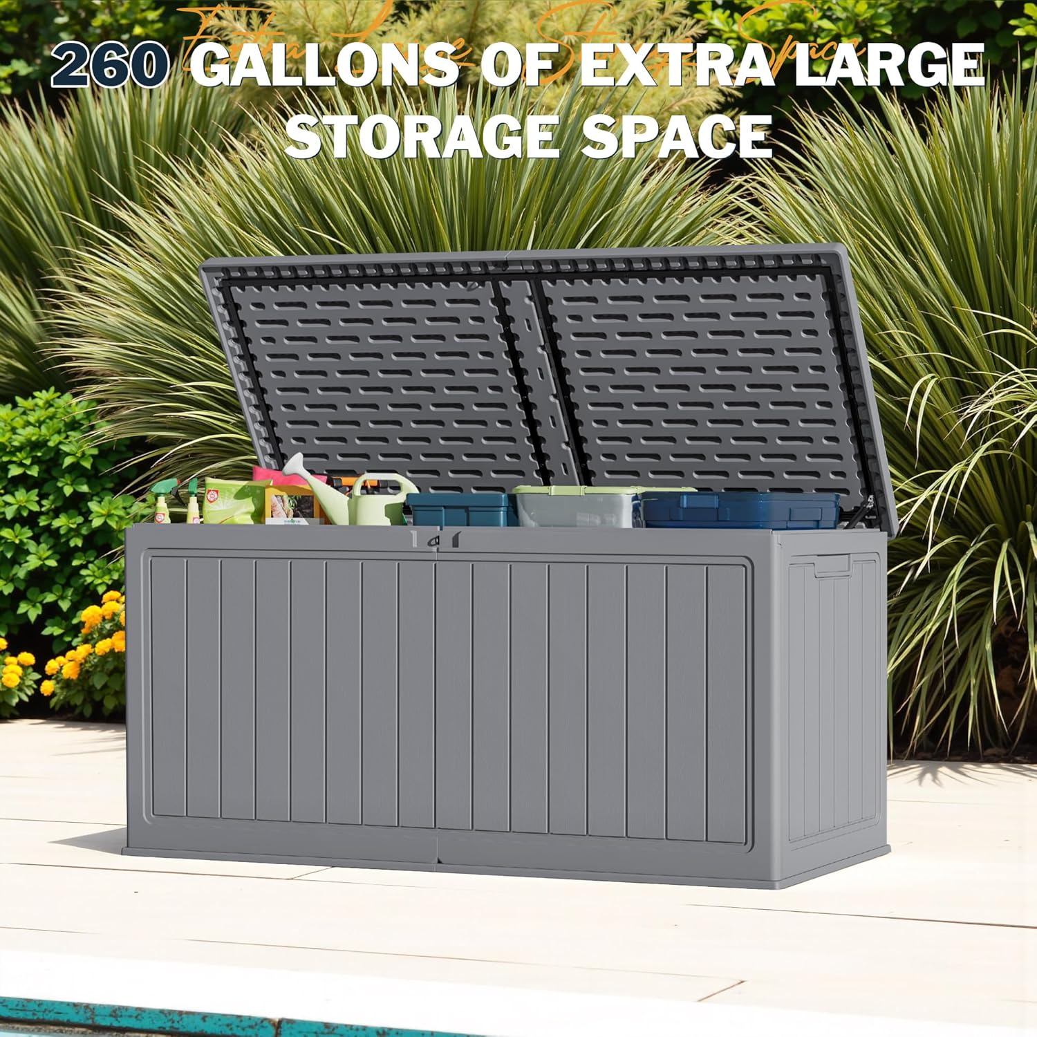 Greesum 31 Gallon Resin Deck Box Large Outdoor Storage for Patio Furniture, Garden Tools, Pool Supplies, Weatherproof and UV Resistant, Lockable, Dark Black