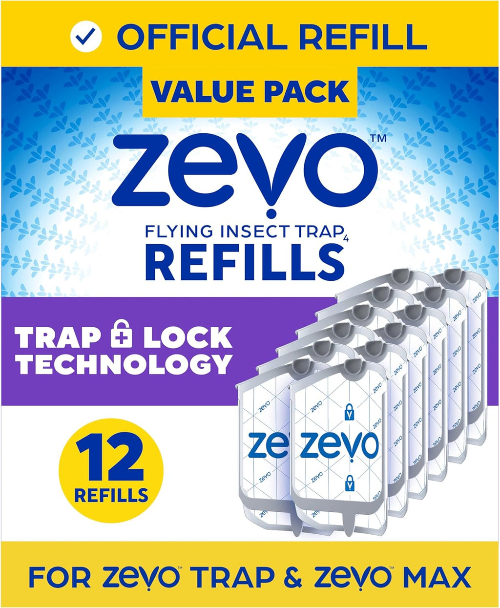 Zevo Flying Insect Trap Official Refill Cartridges - Fits Both Zevo Trap & MAX Indoor Fly Trap - Authentic Trap+Lock Technology to Catch Gnats, House & Fruit Flys (4 Official Refill Cartridges)