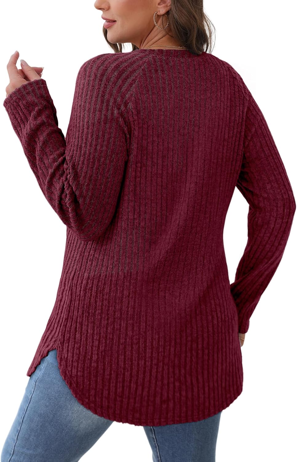 Saloogoe Long Sleeve Shirts for Women 2025 Fall Clothes Tunic Tops Loose Fit Dressy Crewneck Pullover Sweaters Curved Hem