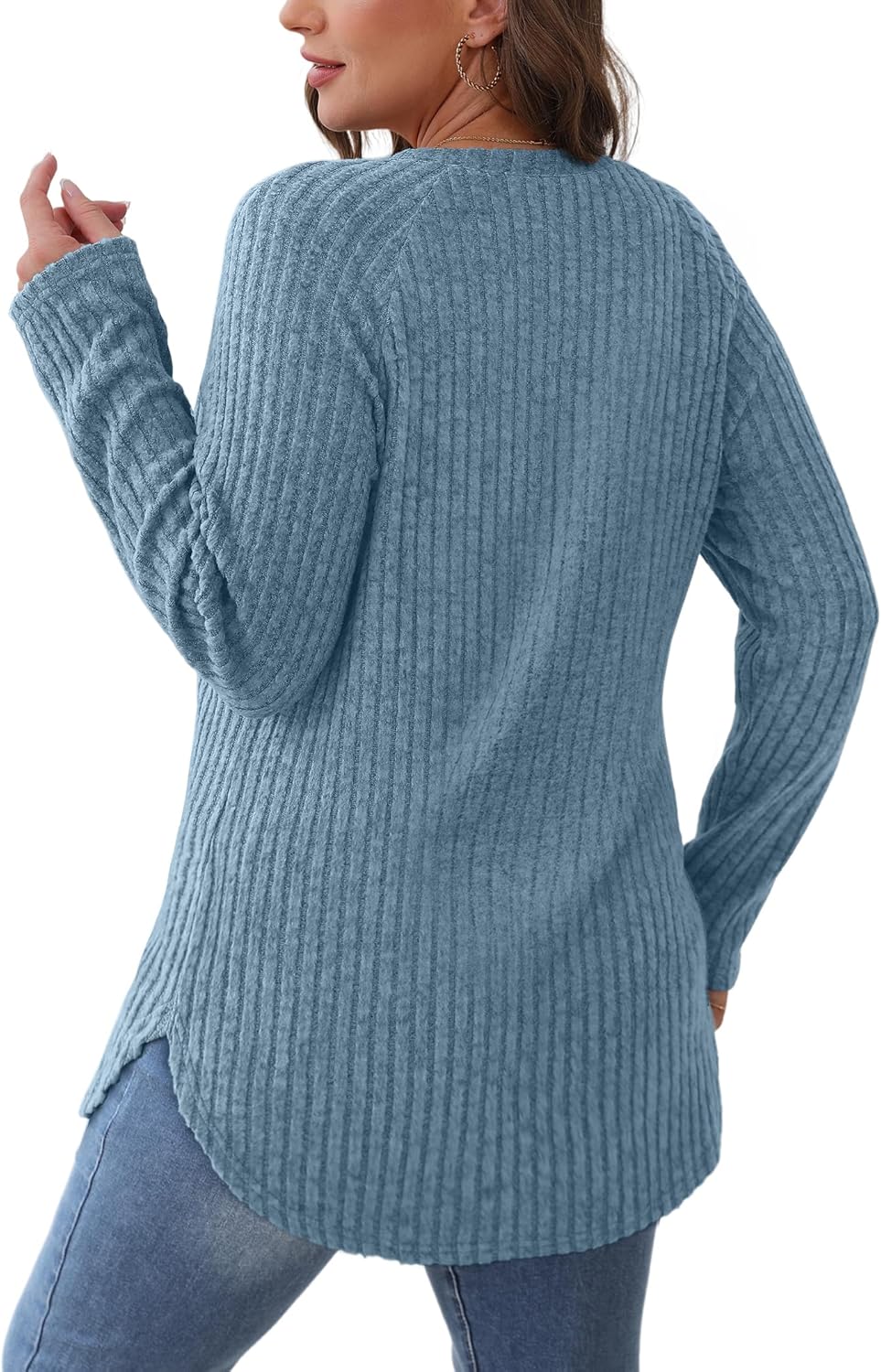 Saloogoe Long Sleeve Shirts for Women 2025 Fall Clothes Tunic Tops Loose Fit Dressy Crewneck Pullover Sweaters Curved Hem