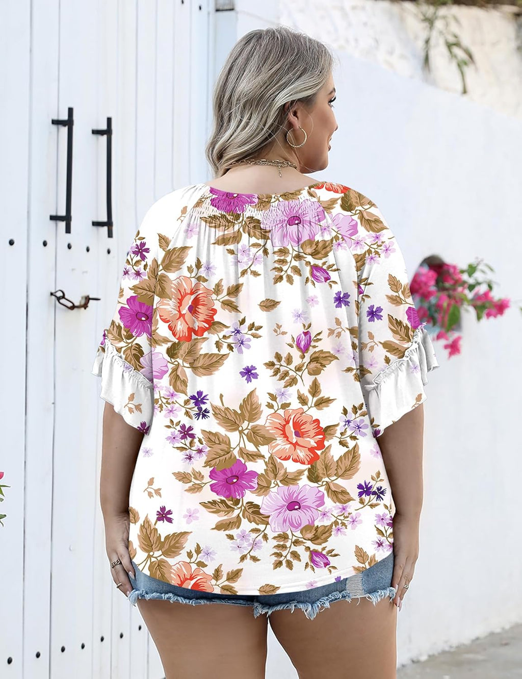 Micoson Womens Plus Size Tops 3/4 Ruffle Sleeve Shirts Crewneck Pleated Blouses Dressy Casual Fashion Tunic Top (1X-5X)