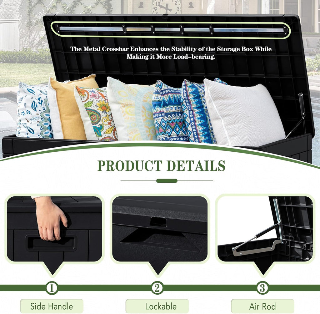 Greesum 31 Gallon Resin Deck Box Large Outdoor Storage for Patio Furniture, Garden Tools, Pool Supplies, Weatherproof and UV Resistant, Lockable, Dark Black