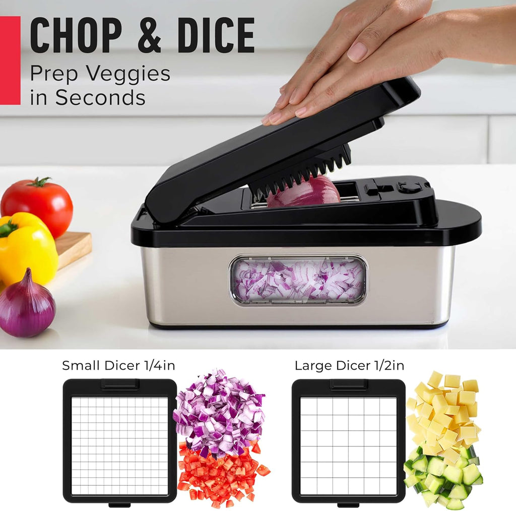 Mueller Pro-Series All-in-One, 12 Blade Mandoline Slicer for Kitchen, Food Chopper, Vegetable Slicer and Spiralizer, Cutter, Dicer, Grater, Kitchen Gadgets Sets with Container, White Sand/Gray