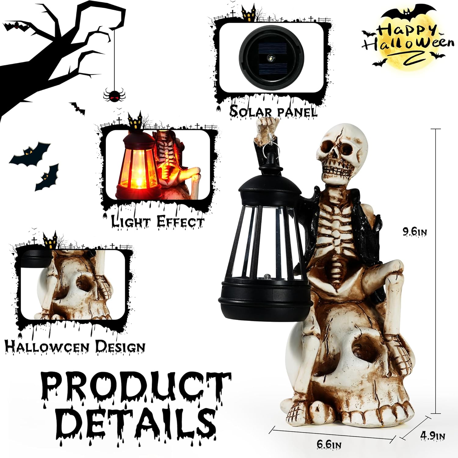2025 Solar Halloween Decorations Outdoor,Skeleton Figurine Halloween Table Decoration for Outdoor,Skull Statue with Red LED Lantern,Skull Decor for Patio Lawn Yard Balcony Garden Home