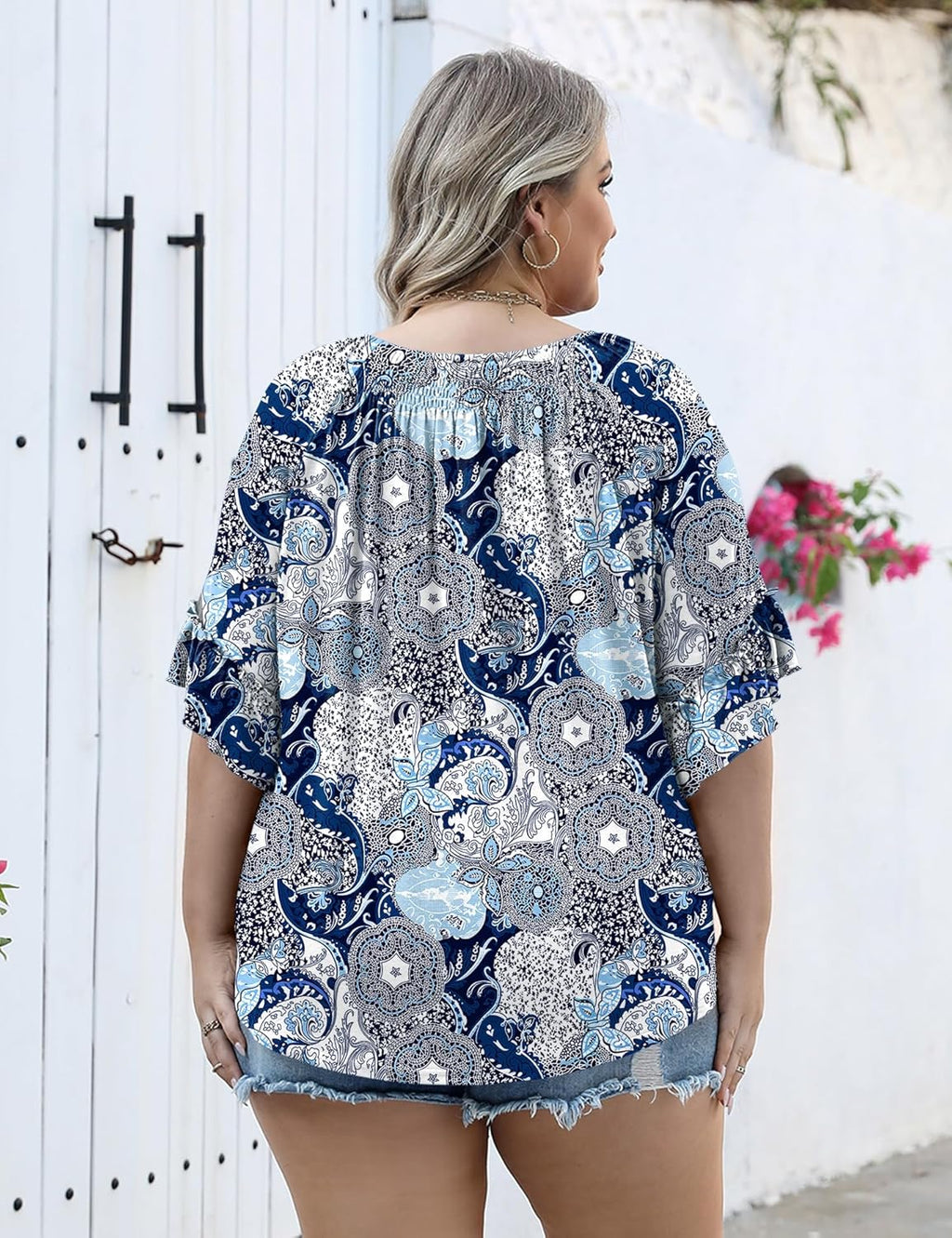 Micoson Womens Plus Size Tops 3/4 Ruffle Sleeve Shirts Crewneck Pleated Blouses Dressy Casual Fashion Tunic Top (1X-5X)