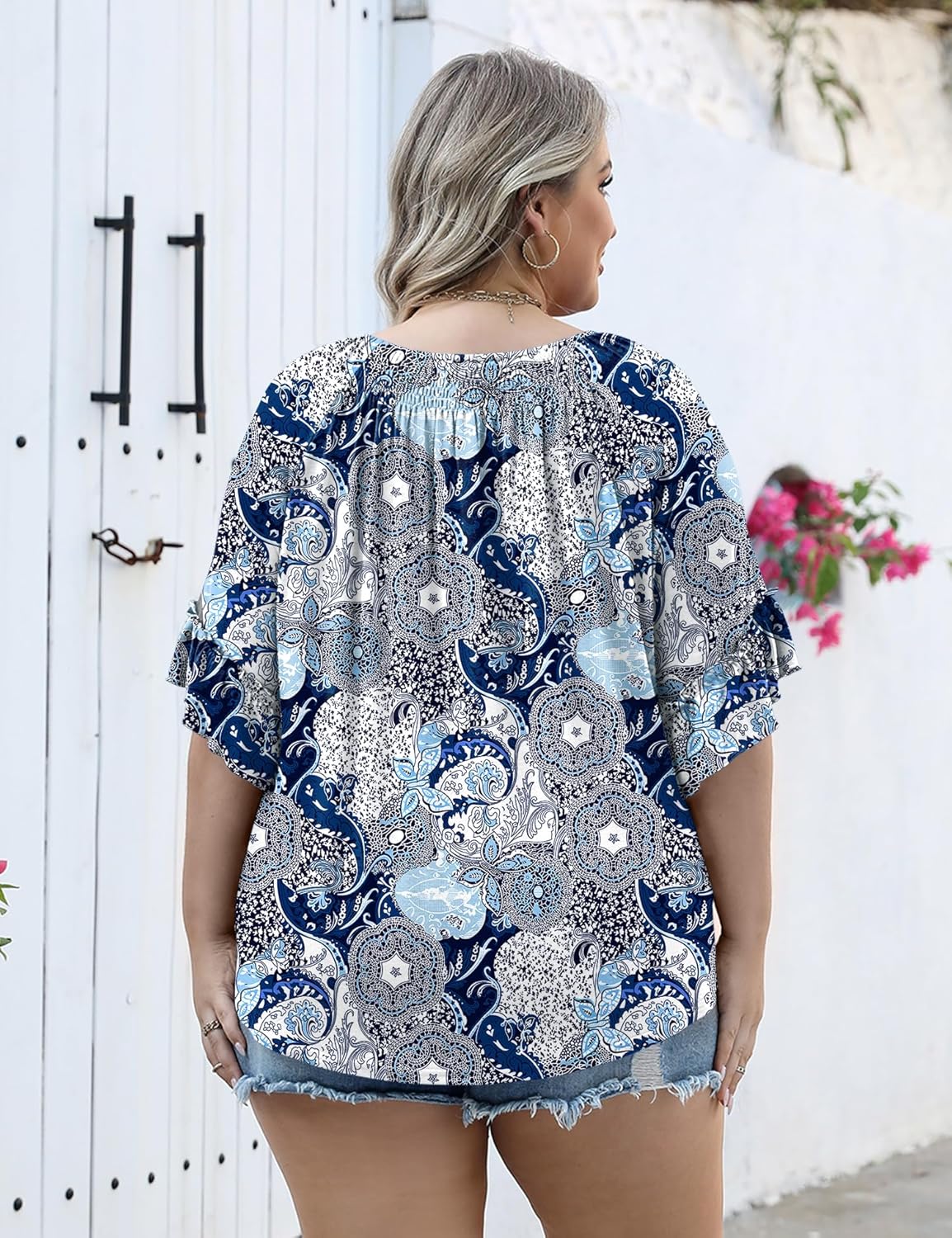 Micoson Womens Plus Size Tops 3/4 Ruffle Sleeve Shirts Crewneck Pleated Blouses Dressy Casual Fashion Tunic Top (1X-5X)