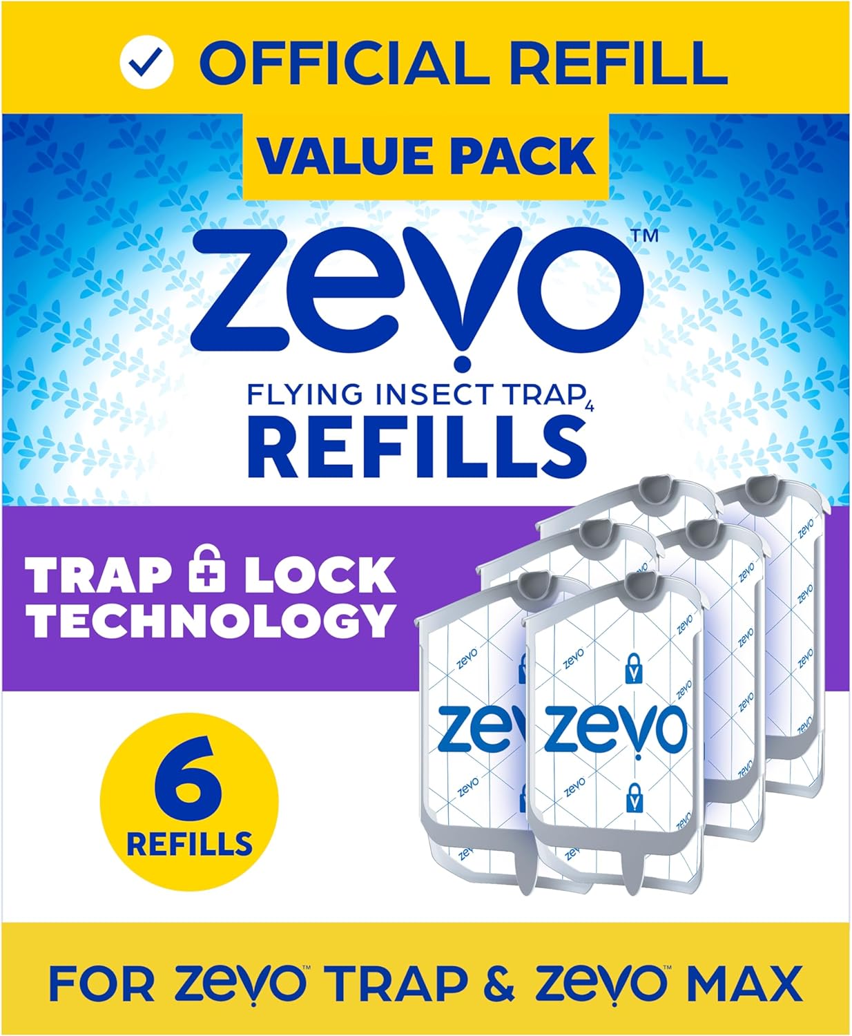 Zevo Flying Insect Trap Official Refill Cartridges - Fits Both Zevo Trap & MAX Indoor Fly Trap - Authentic Trap+Lock Technology to Catch Gnats, House & Fruit Flys (4 Official Refill Cartridges)