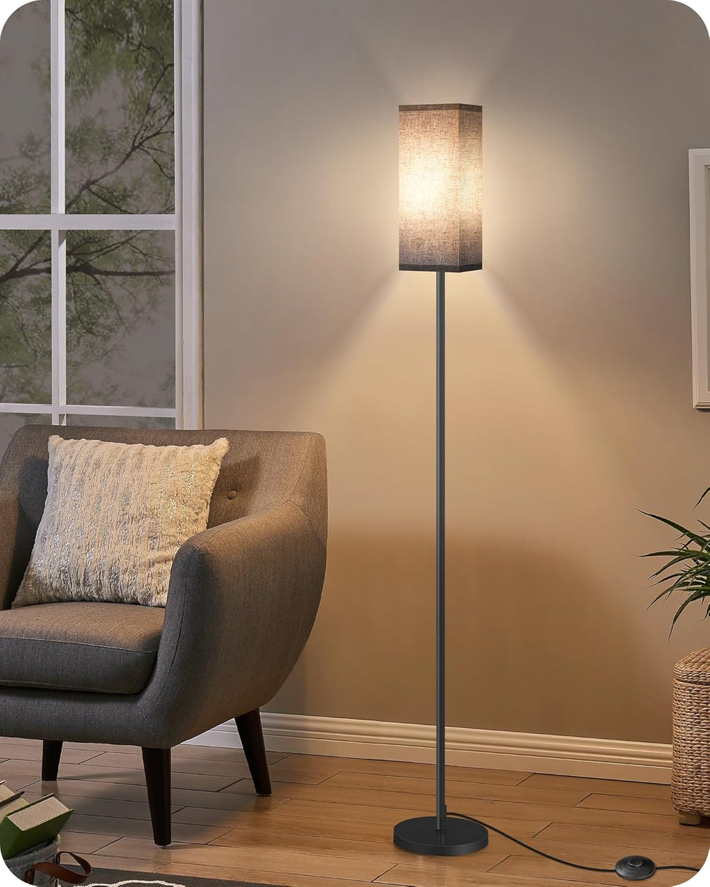 64.6" Floor Lamp, Pole with Foot Switch, Modern Standing Lamp Lampshade, Minimalist Freestanding Lamp (Bulb Not Included), for Living Room, Bedroom Office ETL Listed, Black and Beige E07LD05