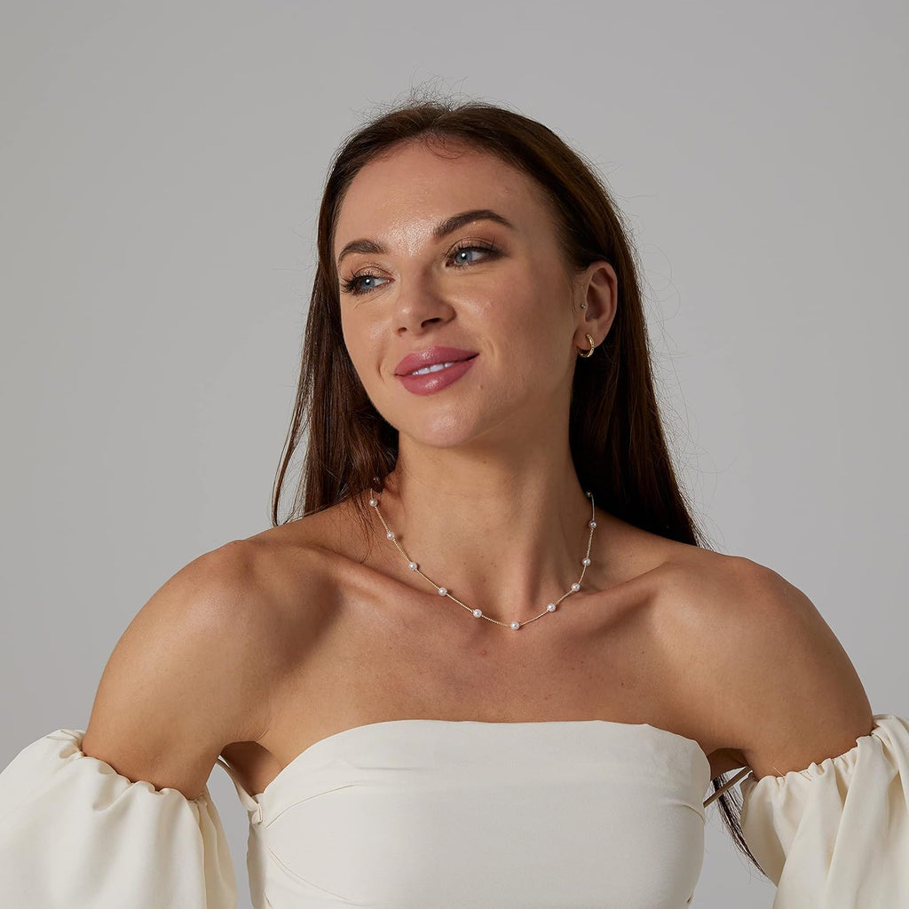 Dainty Pearl Pendant Necklaces for Women 14K Gold Plated Handmade Layered Pearl Chain Necklace Delicate Layered Pearl Necklace Everyday Jewelry Gift