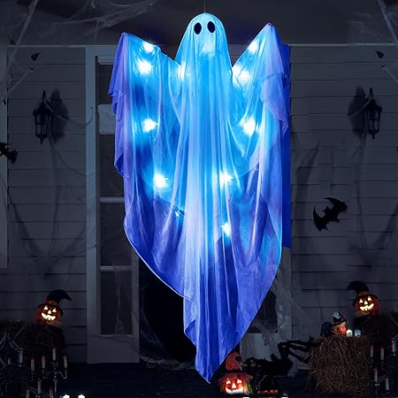 JOYIN Halloween Hanging Light up Ghost with Spooky Blue LED Light, 47” White Ghosts Halloween Hanging Decoration for Front Yard Patio Lawn Garden Party Decor Indoor Outdoor