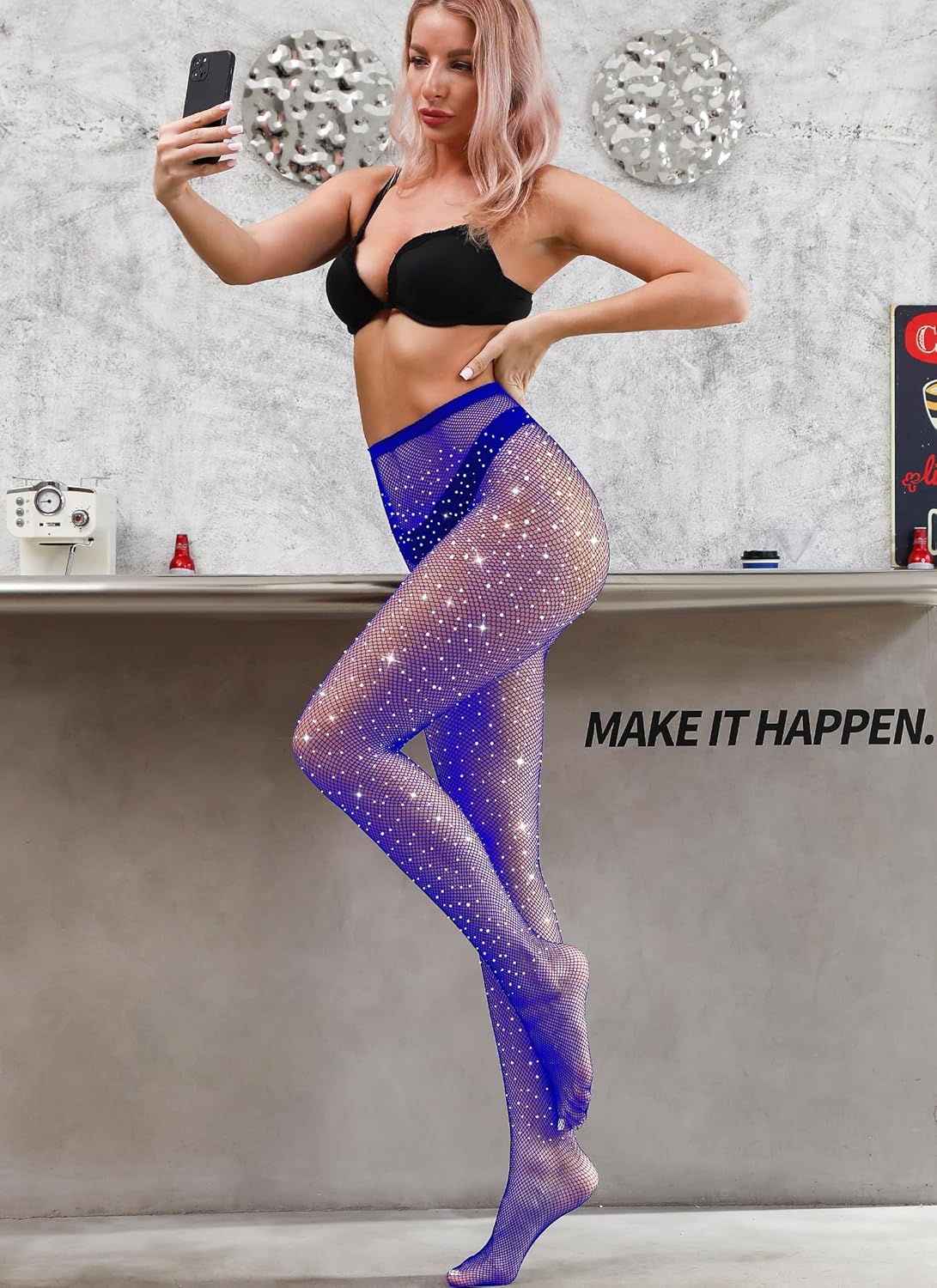 VEBZIN Sexy Sparkly Fishnets Stockings Jeweled High Waist Fishnet Tights for Women Rhinestone Party Pantyhose