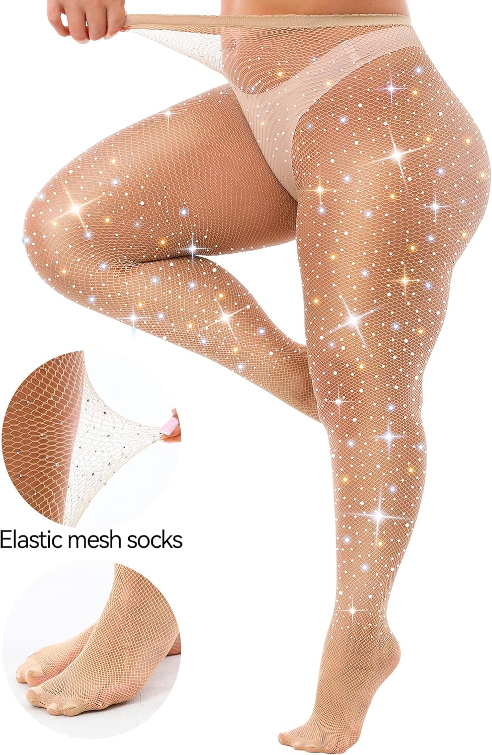 VEBZIN Sexy Sparkly Fishnets Stockings Jeweled High Waist Fishnet Tights for Women Rhinestone Party Pantyhose