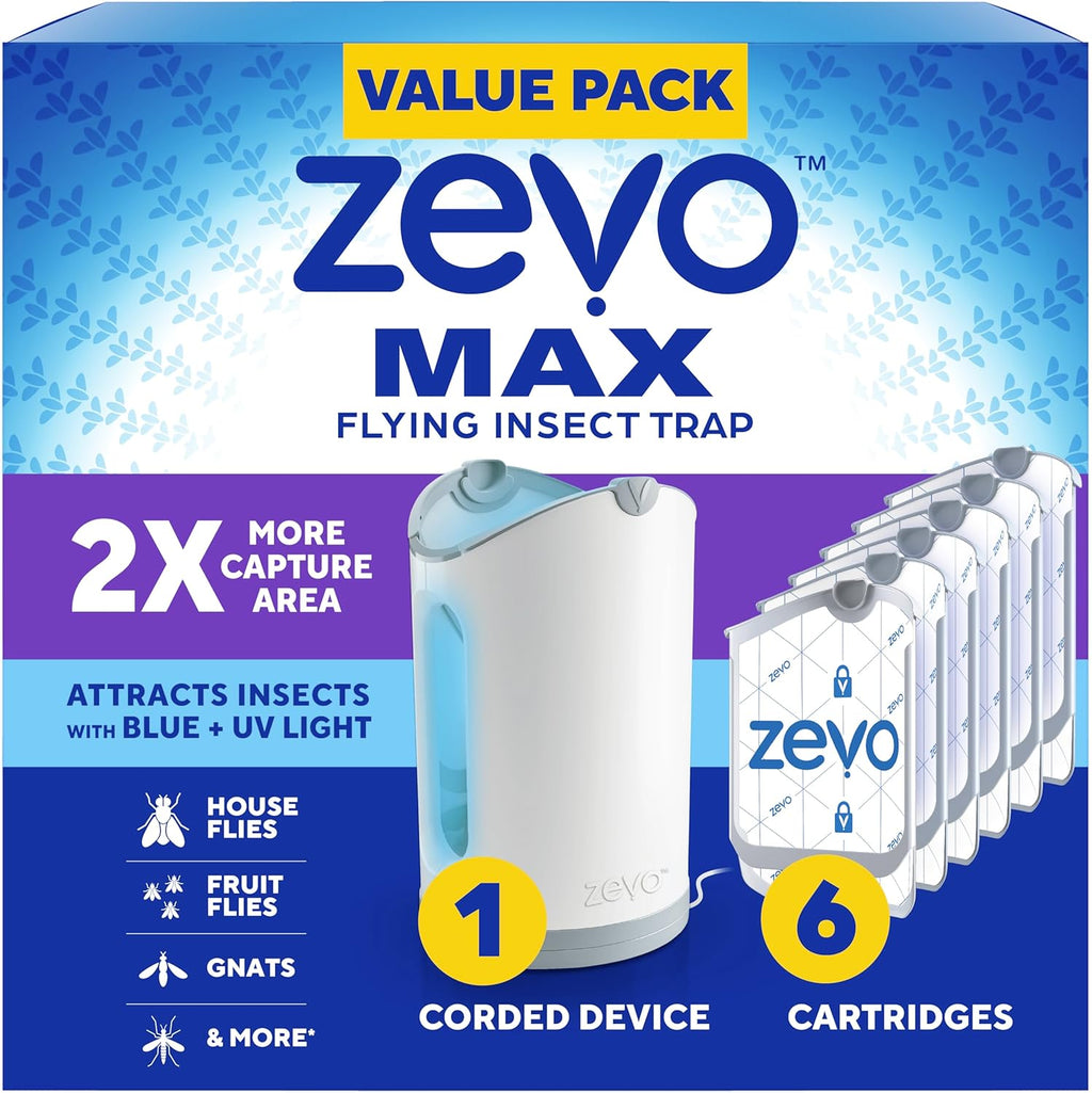 Zevo MAX Bug Catcher & Fly Trap for Indoors - Flying Insect Trap for Gnats, House & Fruit Flies - Use in Any Room - No-Mess Disposal (1 Plug in Base & 2 Cartridges)