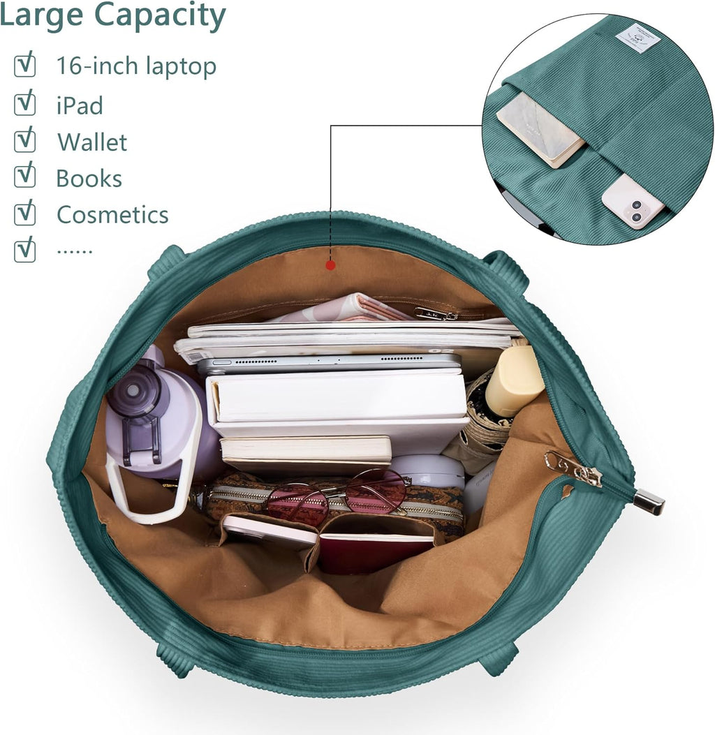 KALIDI Women Corduroy Tote Bag Zipper Casual Tote's Handbag Big Capacity Shoulder Bag with Pockets