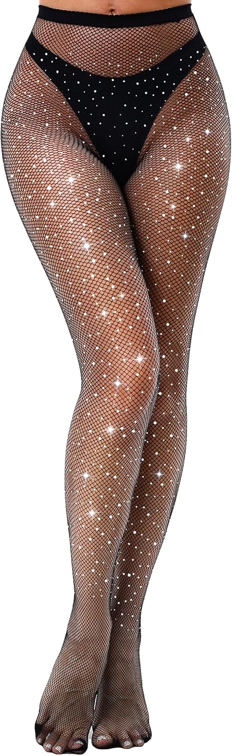 VEBZIN Sexy Sparkly Fishnets Stockings Jeweled High Waist Fishnet Tights for Women Rhinestone Party Pantyhose