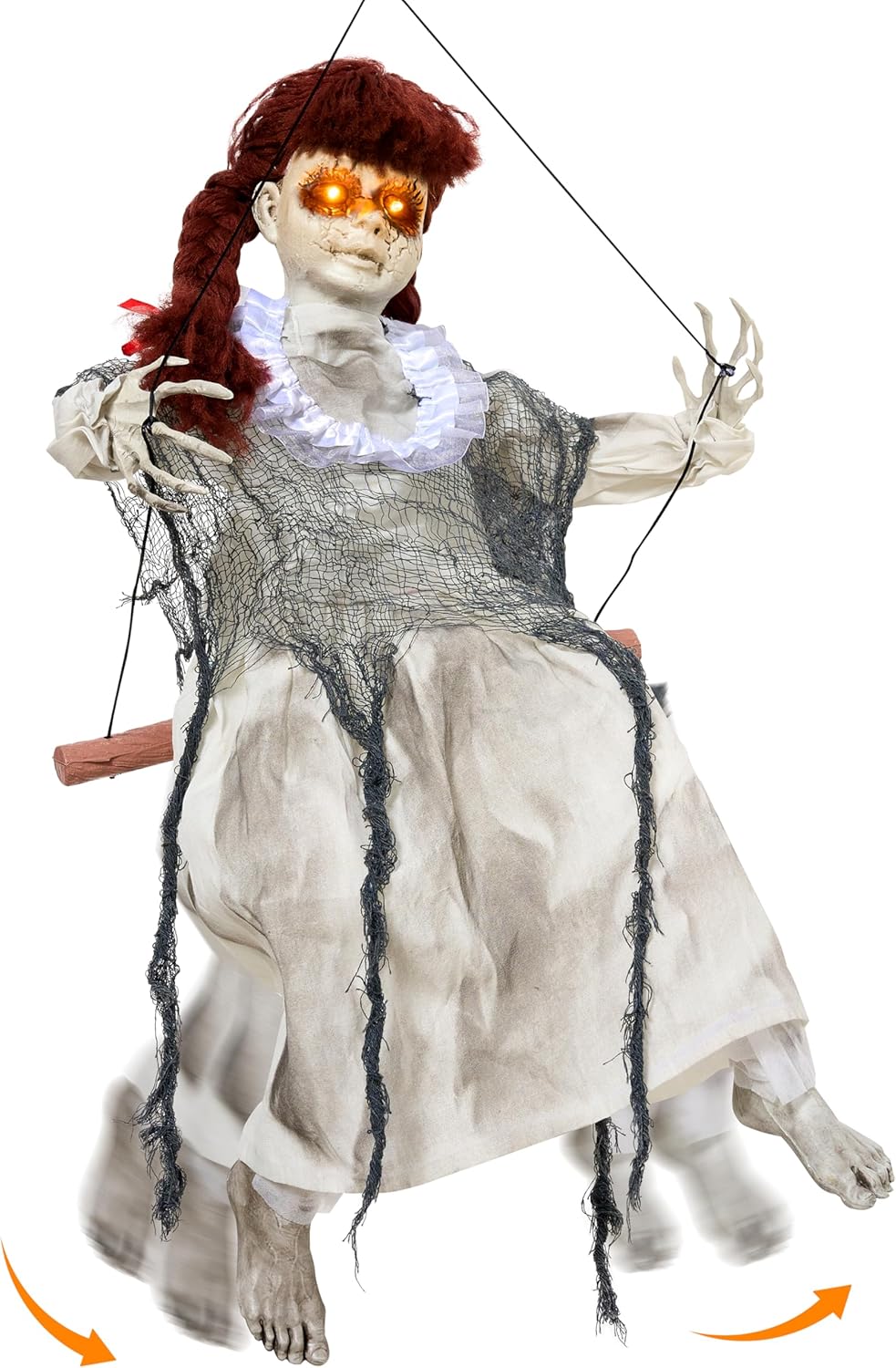 JOYIN Scary Halloween Decorations Outdoor, Halloween Hanging Scary Swing Girl Decorations Winging White Doll with Creepy Sound and Light Up Eyes Sound, Animatronics Hanging Decors Activated