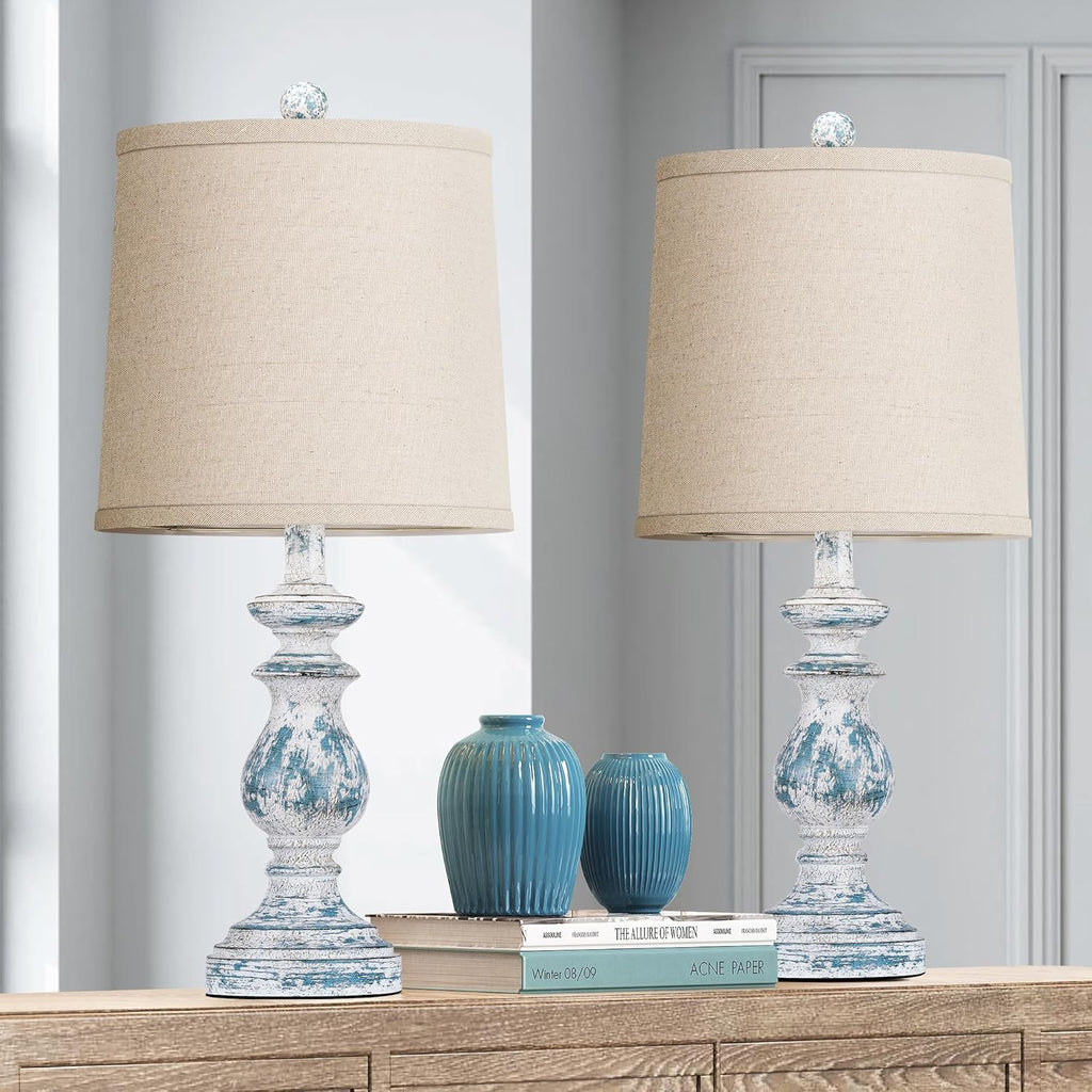PARTPHONER Traditional Table Lamp Set of 2, Rustic Farmhouse Table Lamps for Living Room Bedroom, 22" Bedside Desk Lamps Vintage Nightstand Lamps with Linen Shades, Antique Grey