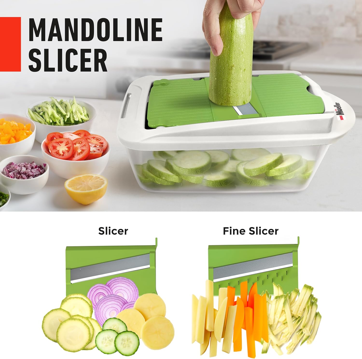 Mueller Pro-Series All-in-One, 12 Blade Mandoline Slicer for Kitchen, Food Chopper, Vegetable Slicer and Spiralizer, Cutter, Dicer, Grater, Kitchen Gadgets Sets with Container, White Sand/Gray