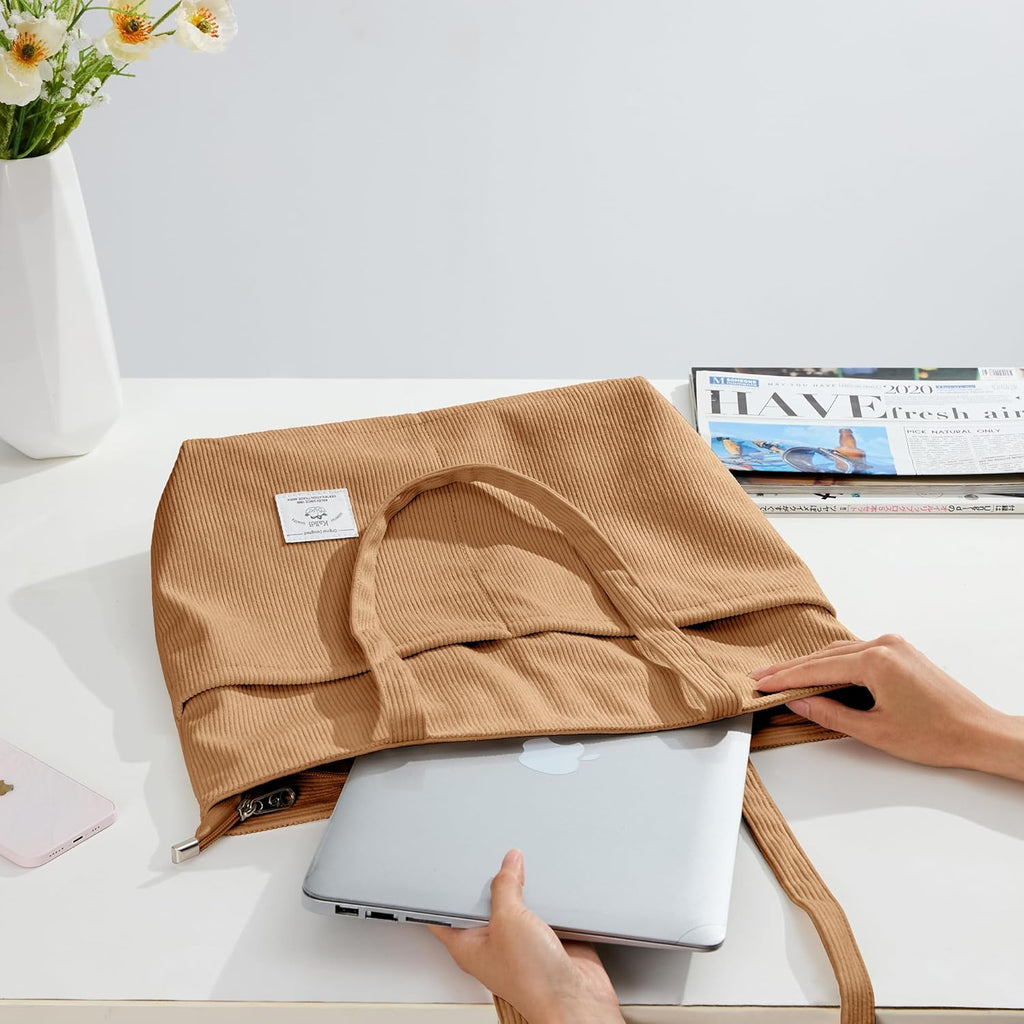 KALIDI Women Corduroy Tote Bag Zipper Casual Tote's Handbag Big Capacity Shoulder Bag with Pockets