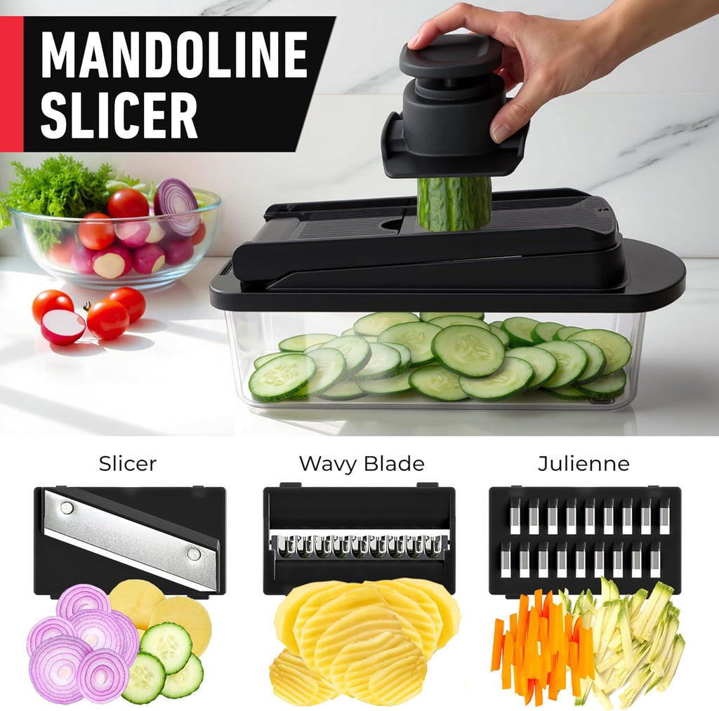 Mueller Pro-Series All-in-One, 12 Blade Mandoline Slicer for Kitchen, Food Chopper, Vegetable Slicer and Spiralizer, Cutter, Dicer, Grater, Kitchen Gadgets Sets with Container, White Sand/Gray