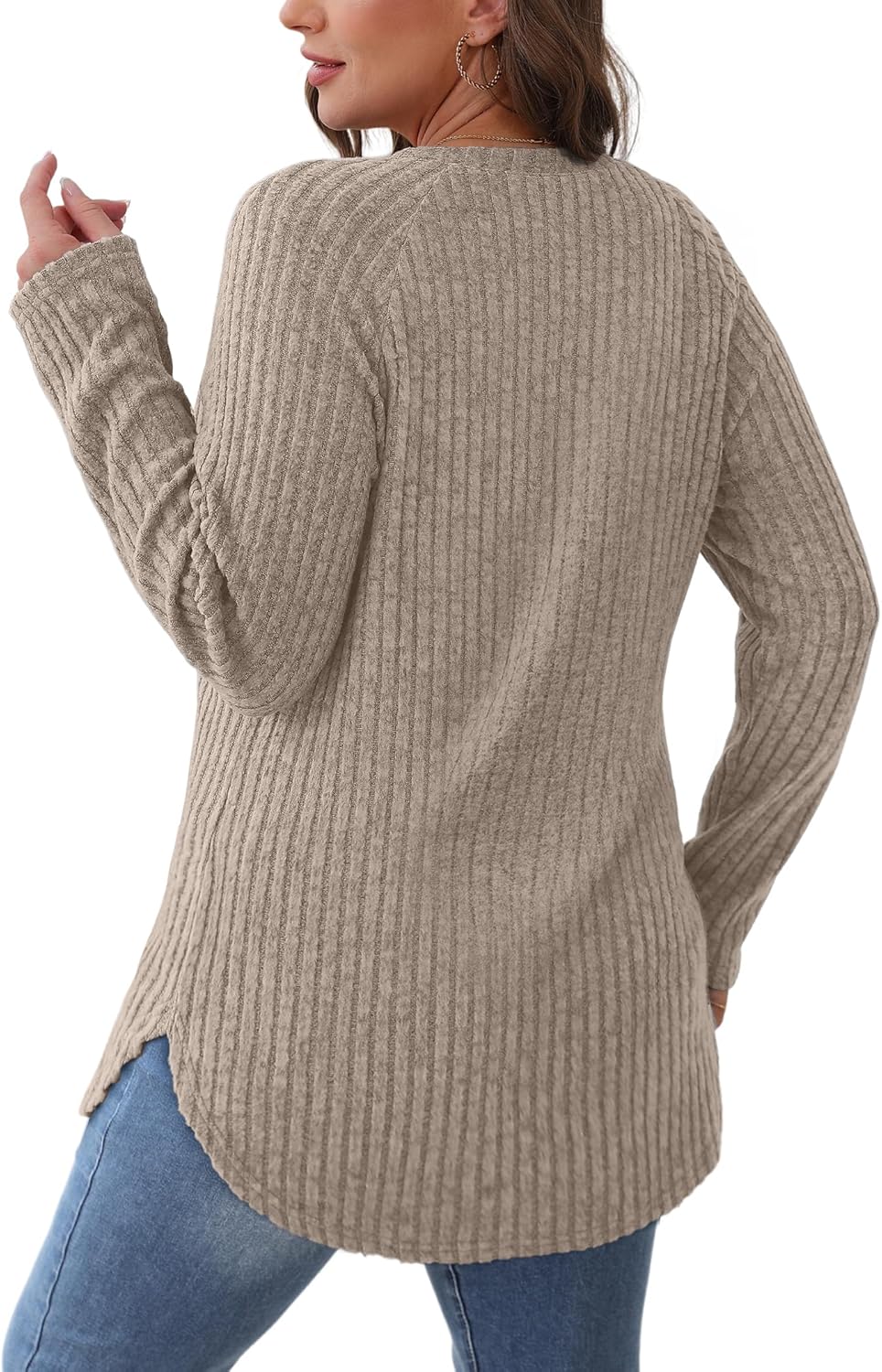 Saloogoe Long Sleeve Shirts for Women 2025 Fall Clothes Tunic Tops Loose Fit Dressy Crewneck Pullover Sweaters Curved Hem