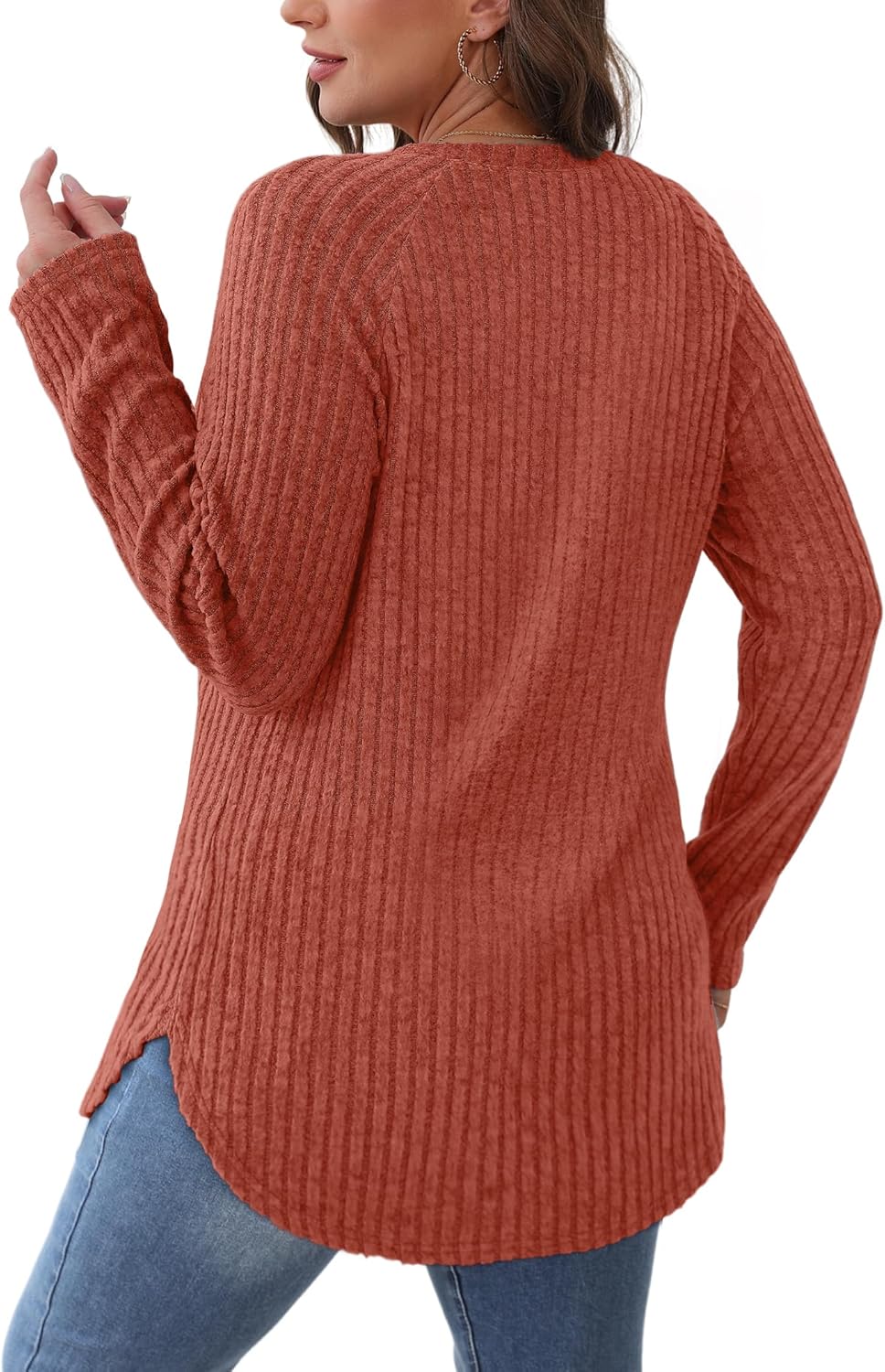 Saloogoe Long Sleeve Shirts for Women 2025 Fall Clothes Tunic Tops Loose Fit Dressy Crewneck Pullover Sweaters Curved Hem