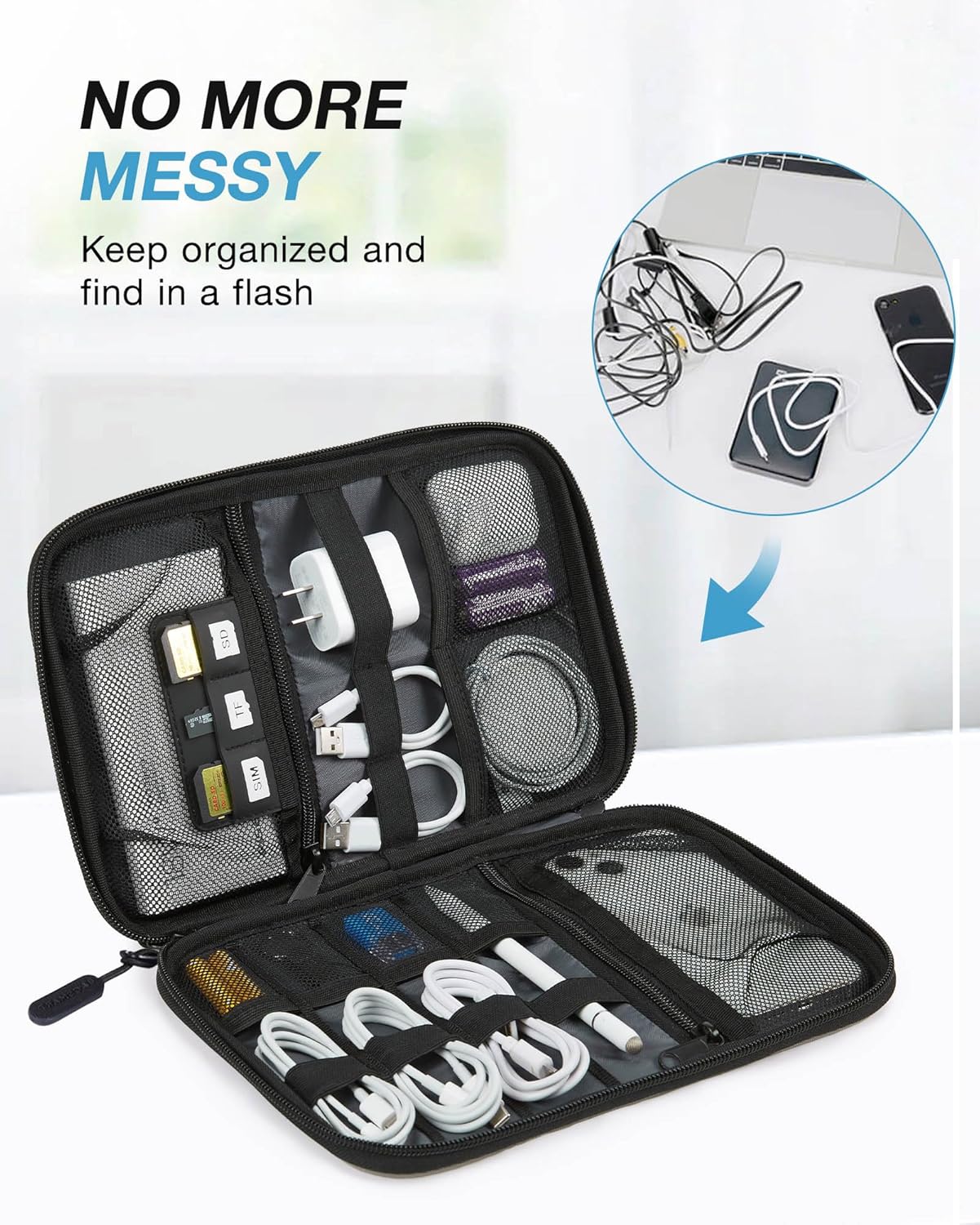 BAGSMART Large Electronics Travel Organizer Case, Tech Accessories Cord Storage Bag for Phone, Power Bank, SD Card, Cables, Black