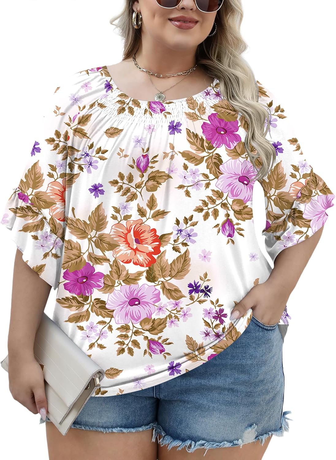 Micoson Womens Plus Size Tops 3/4 Ruffle Sleeve Shirts Crewneck Pleated Blouses Dressy Casual Fashion Tunic Top (1X-5X)