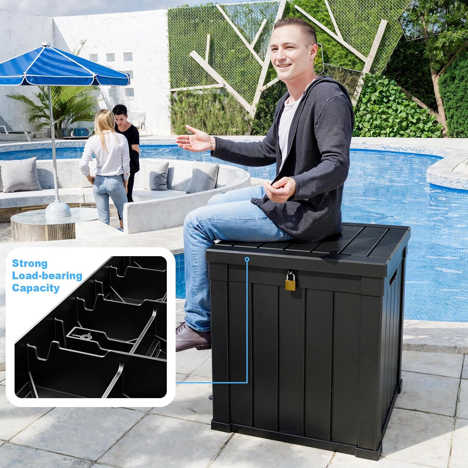 80 Gallon Resin Deck Box, Lockable Patio Outdoor Storage Box for Furniture, Garden Tools and Tools Storage, Waterproof Outside Storage Box - Black