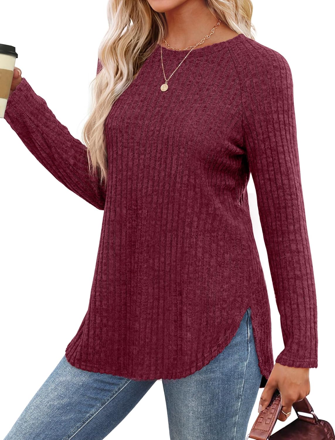 Saloogoe Long Sleeve Shirts for Women 2025 Fall Clothes Tunic Tops Loose Fit Dressy Crewneck Pullover Sweaters Curved Hem