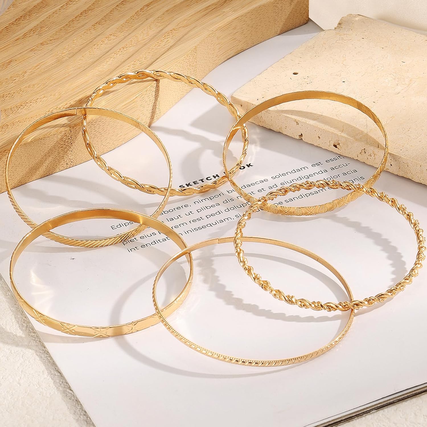 IFKM Gold Bangle Bracelets For Women, 14k Gold Plated Multi Layer Stackable Cuff Bracelet Set, Trendy Elegance Charms Non Tarnish Minimalist Textured Boho Jewelry Gift for Women