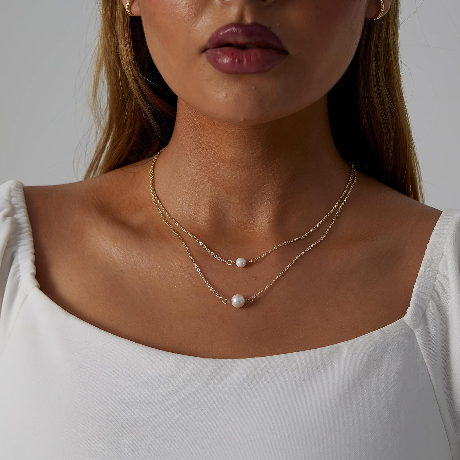 Dainty Pearl Pendant Necklaces for Women 14K Gold Plated Handmade Layered Pearl Chain Necklace Delicate Layered Pearl Necklace Everyday Jewelry Gift