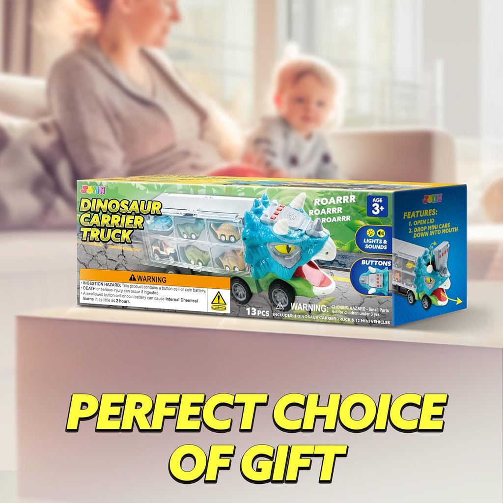 JOYIN 13 in 1 Dinosaur Toys for Kids 3-5, Dinosaur Truck with 12 Pull Back Cars, Birthday Gifts Toys for 3 4 5+ Year Old Boy, Transport Carrier Truck for Toddlers, Christmas Great Gifts for Grandkids