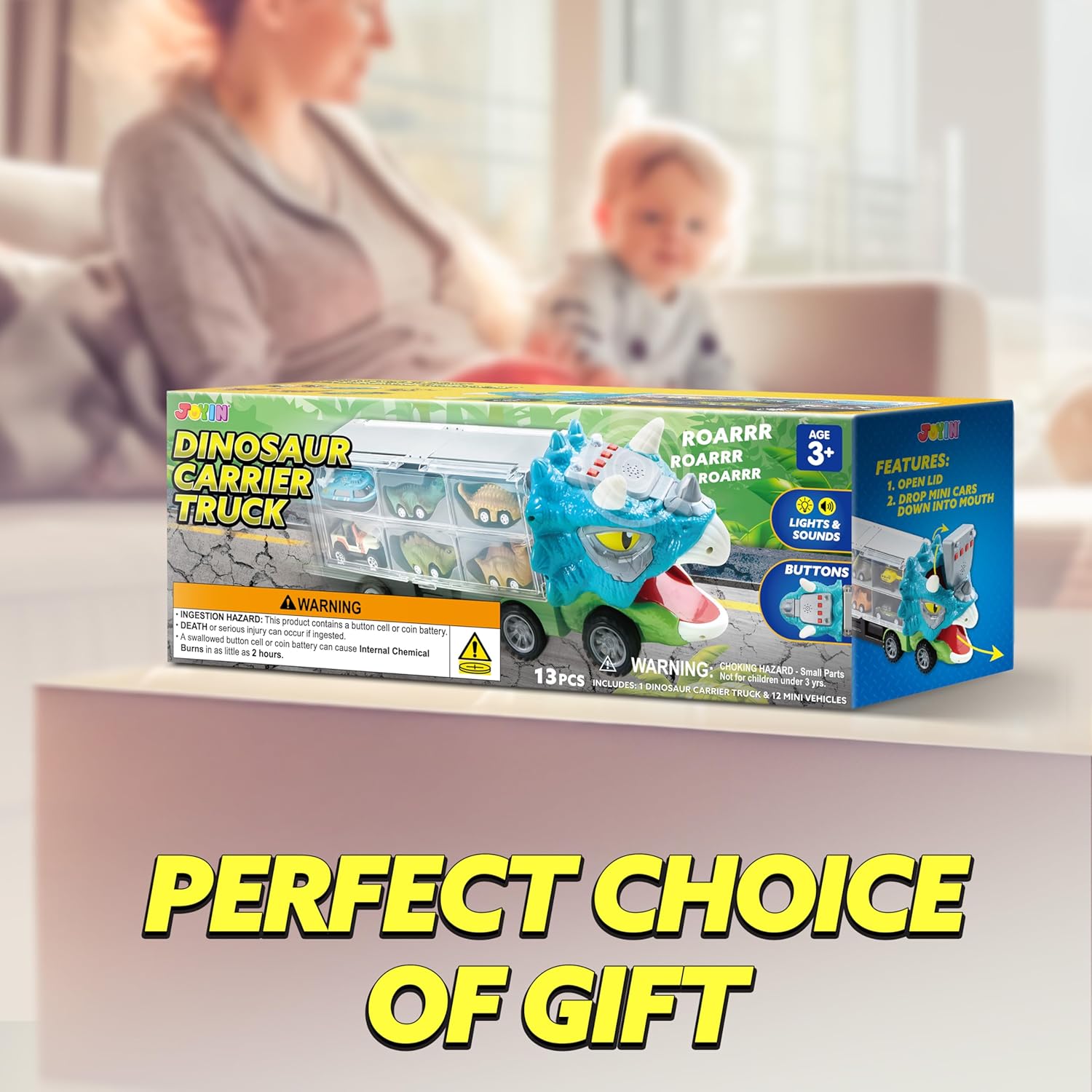 JOYIN 13 in 1 Dinosaur Toys for Kids 3-5, Dinosaur Truck with 12 Pull Back Cars, Birthday Gifts Toys for 3 4 5+ Year Old Boy, Transport Carrier Truck for Toddlers, Christmas Great Gifts for Grandkids