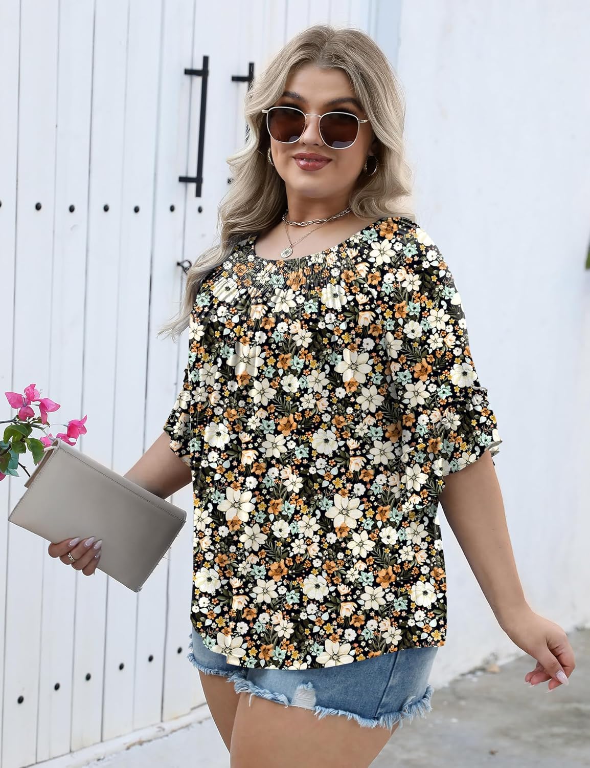 Micoson Womens Plus Size Tops 3/4 Ruffle Sleeve Shirts Crewneck Pleated Blouses Dressy Casual Fashion Tunic Top (1X-5X)