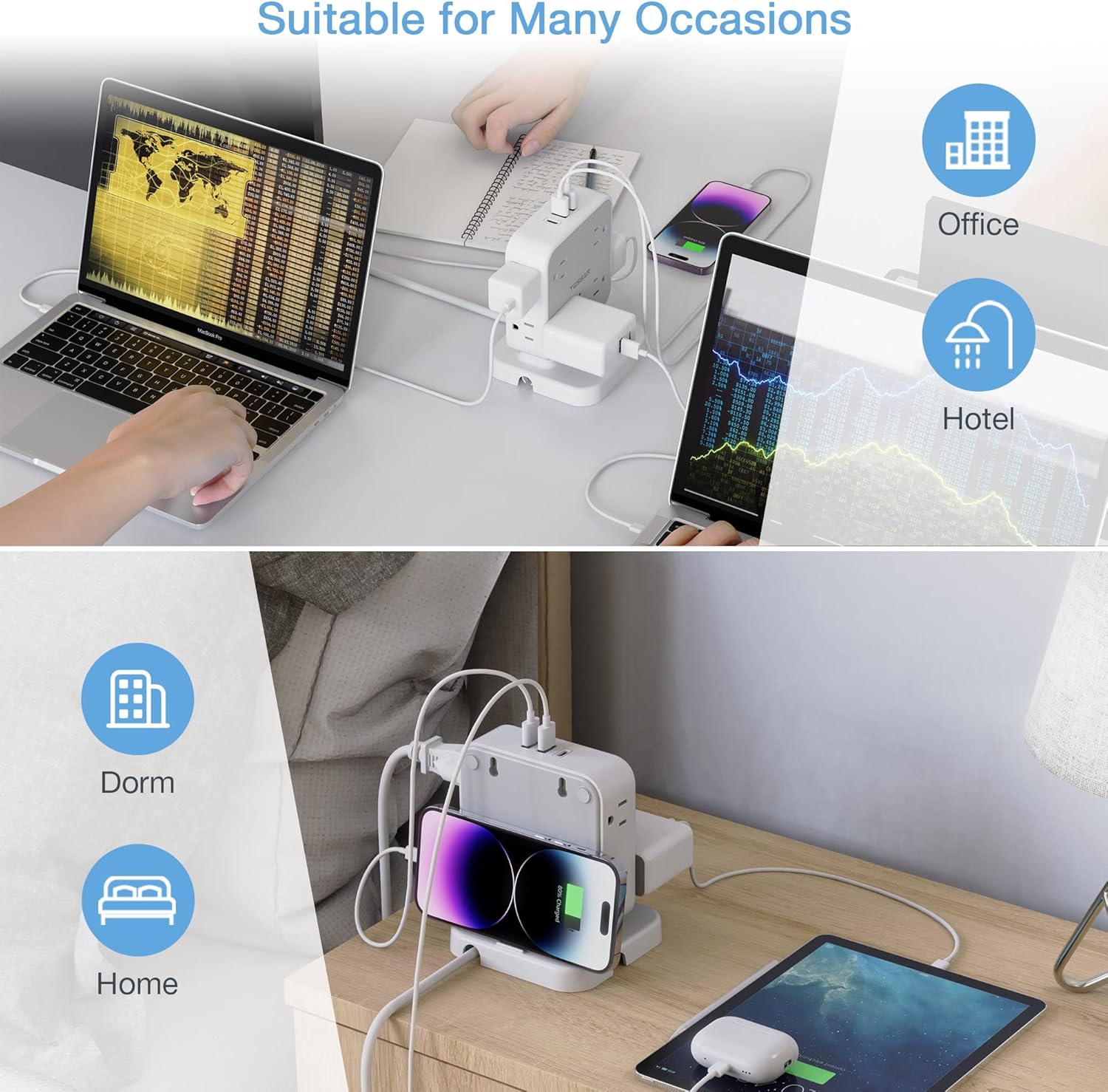 TESSAN Surge Protector Power Strip, 5 Ft Flat Plug Extension Cord with 3 USB (1 USB C) 8 Outlets, 900J Surge Protection, 3 Sided Outlet Extender with Power Switch for Office, Dorm Room Essentials