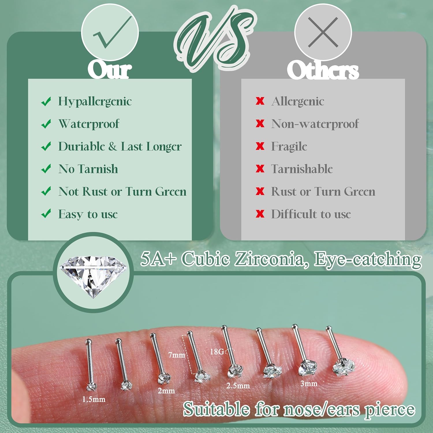 Jstyle Hypoallergenic Nose Rings 18G 20G Surgical Stainless Steel Nose Rings Studs Cubic Zirconia Nose Ring Labret Nose Piercing Jewelry for Women Men 1.5mm 2mm 2.5mm 3mm