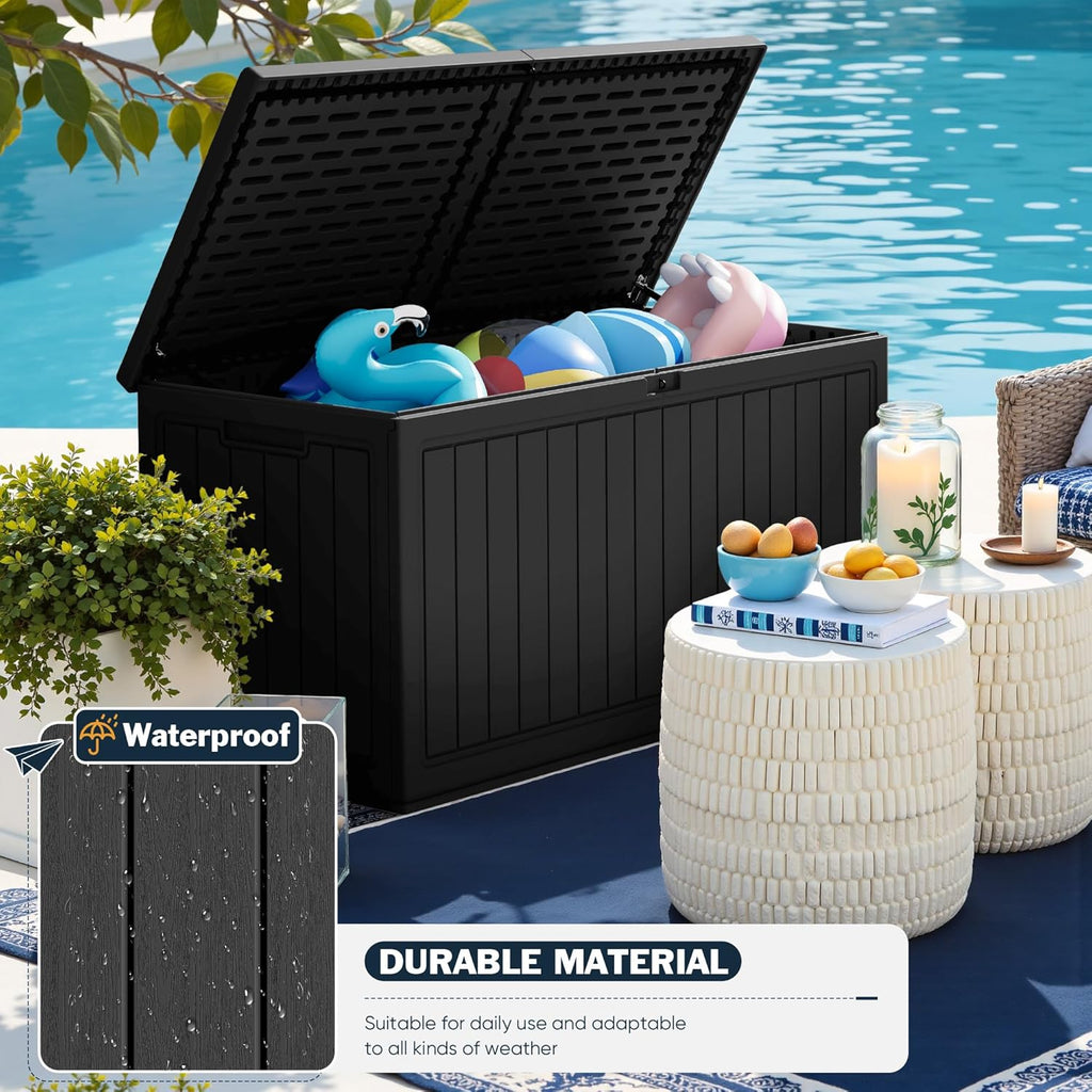 Greesum 31 Gallon Resin Deck Box Large Outdoor Storage for Patio Furniture, Garden Tools, Pool Supplies, Weatherproof and UV Resistant, Lockable, Dark Black