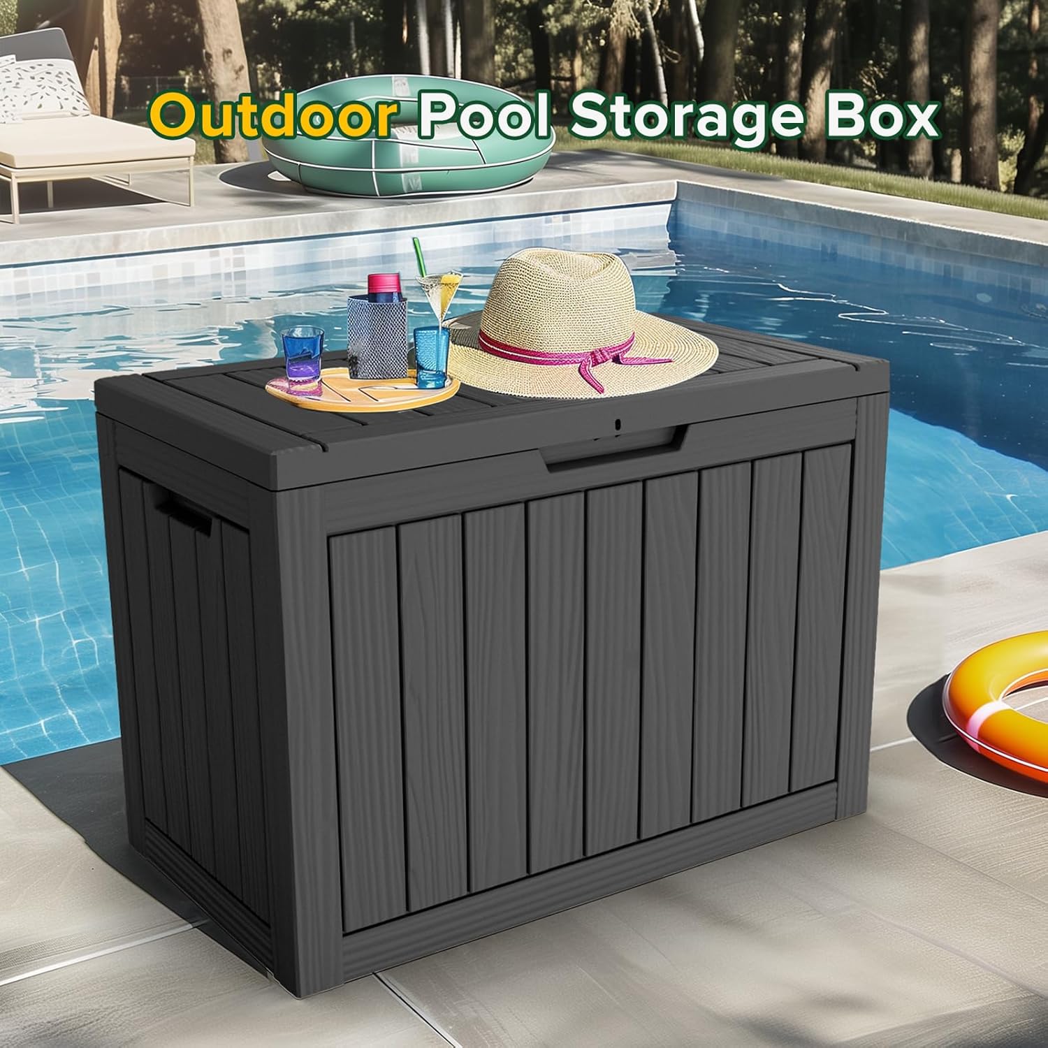 80 Gallon Resin Deck Box, Lockable Patio Outdoor Storage Box for Furniture, Garden Tools and Tools Storage, Waterproof Outside Storage Box - Black