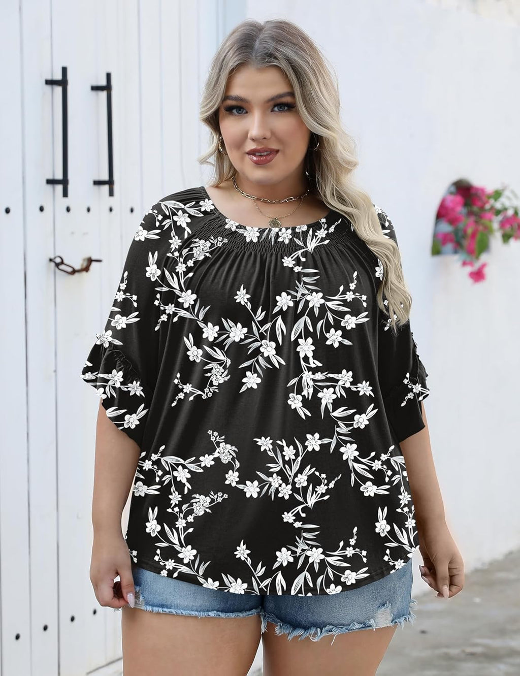 Micoson Womens Plus Size Tops 3/4 Ruffle Sleeve Shirts Crewneck Pleated Blouses Dressy Casual Fashion Tunic Top (1X-5X)